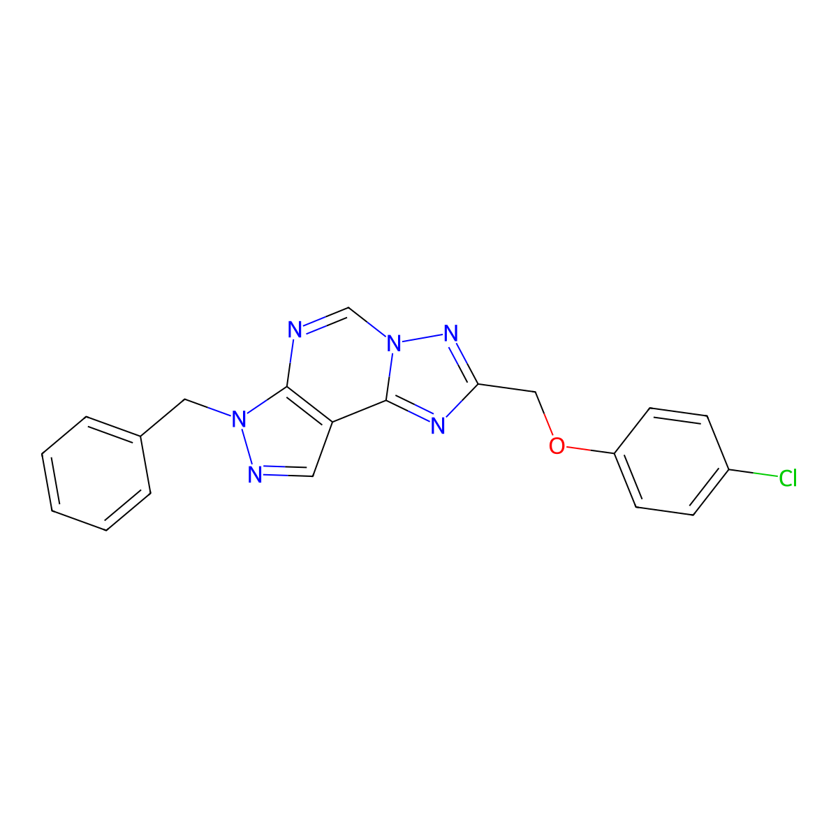 7-benzyl-2-((4-chlorophenoxy)methyl)-7H-pyrazolo[4,3-e][1,2,4]triazolo[1,5-c]pyrimidine molecular structure, CAS 573669-35-9
