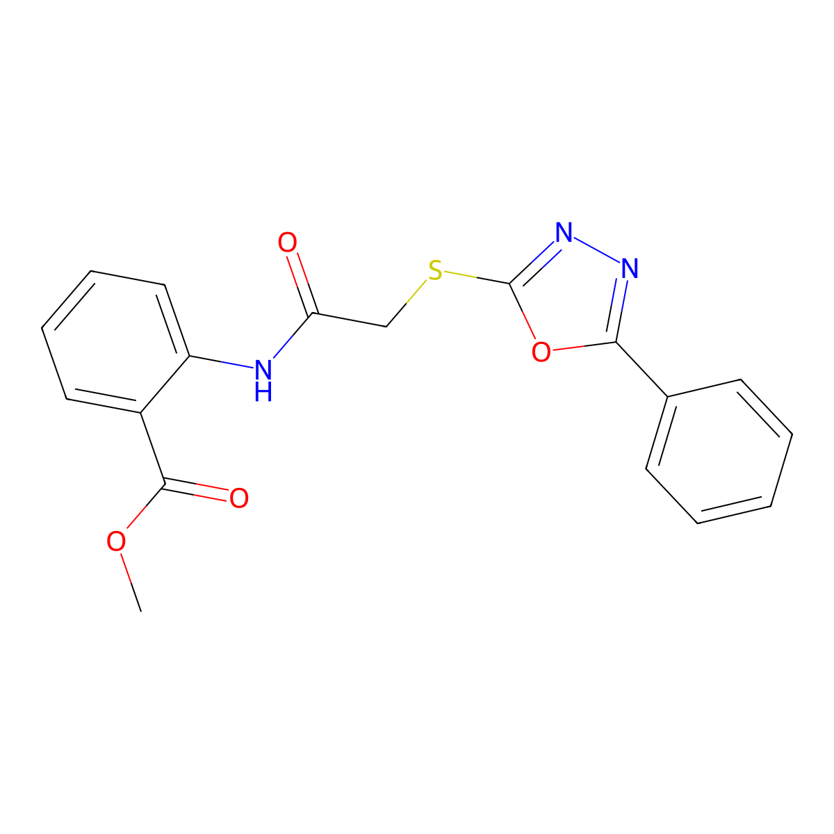 Methyl2-({[(5-phenyl-1,3,4-oxadiazol-2-yl)thio]acetyl}amino)benzoate molecular structure, CAS 573669-58-6