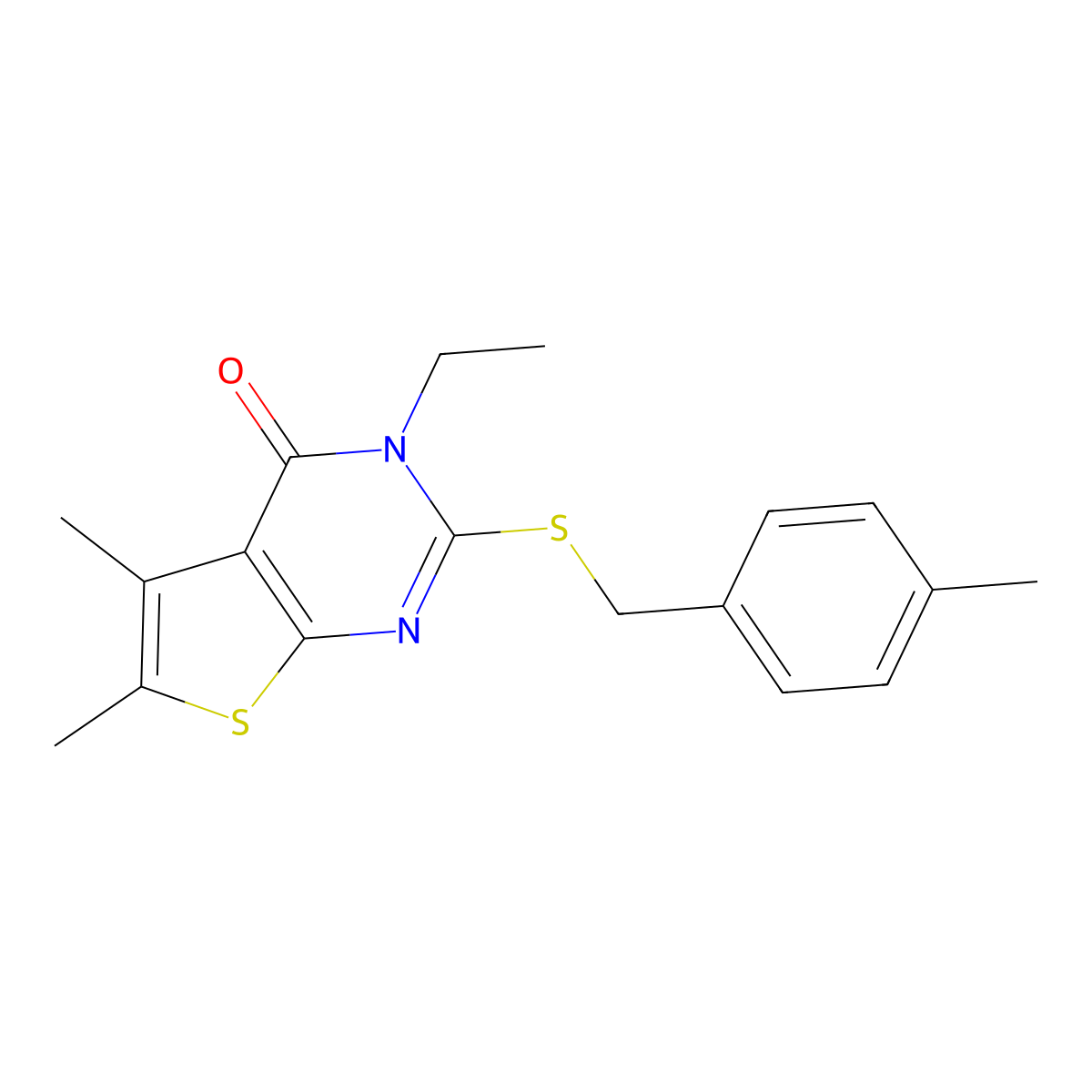3-Ethyl-5,6-dimethyl-2-((4-methylbenzyl)thio)thieno(2,3-D)pyrimidin-4(3H)-one molecular structure, CAS 573670-03-8