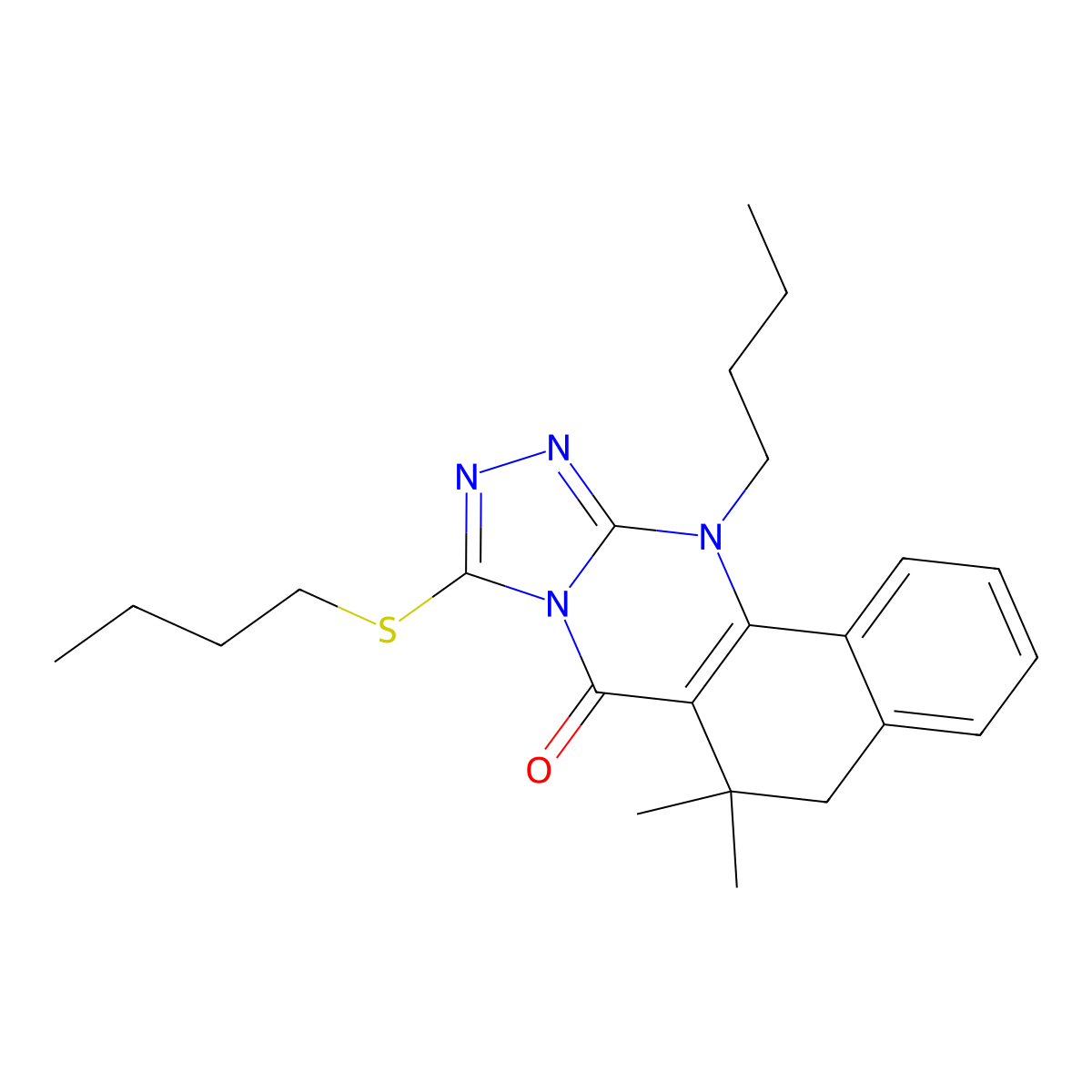 12-butyl-9-(butylsulfanyl)-6,6-dimethyl-6,12-dihydrobenzo[h][1,2,4]triazolo[3,4-b]quinazolin-7(5H)-one molecular structure, CAS 573670-11-8