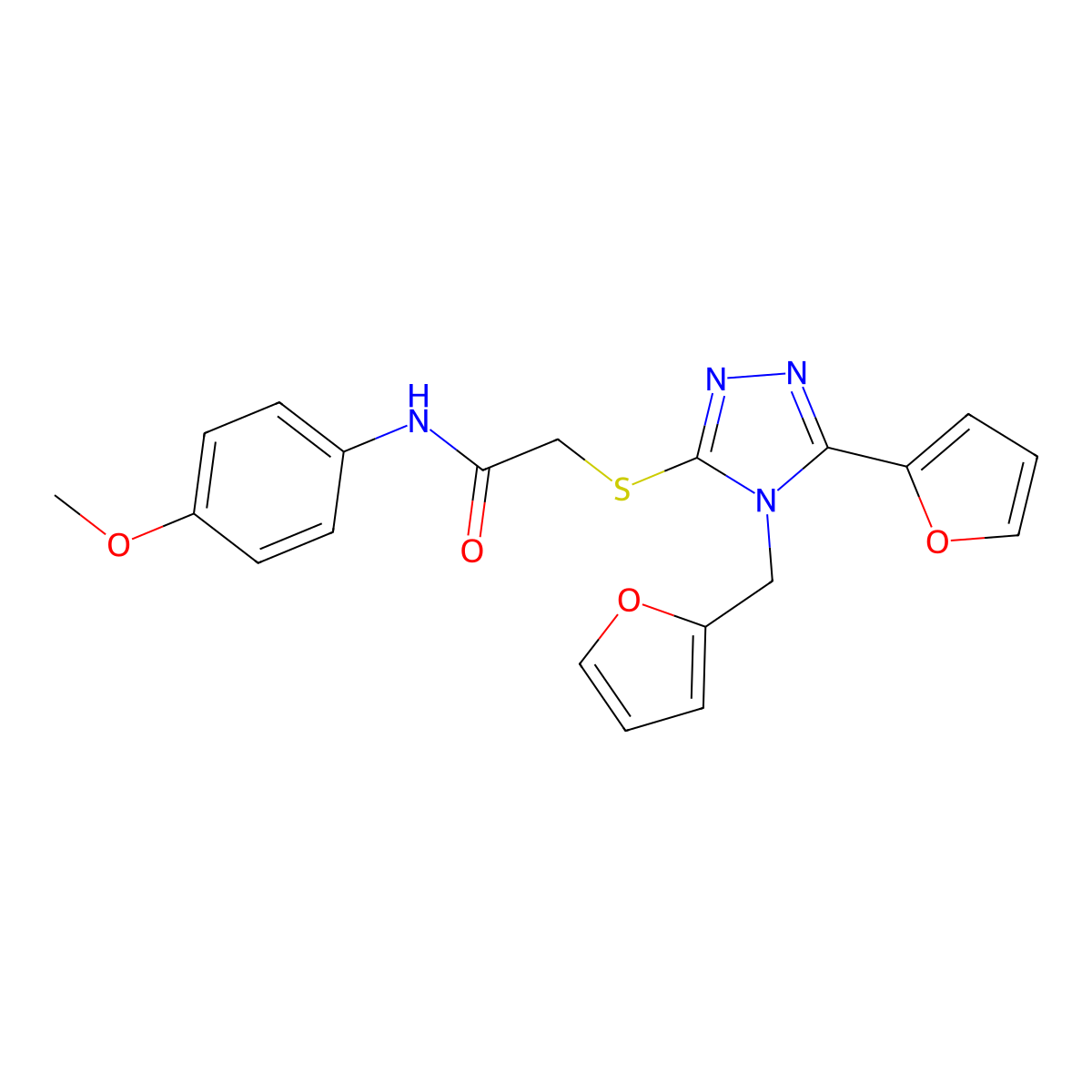 2-{[5-(furan-2-yl)-4-(furan-2-ylmethyl)-4H-1,2,4-triazol-3-yl]sulfanyl}-N-(4-methoxyphenyl)acetamide molecular structure, CAS 573670-16-3