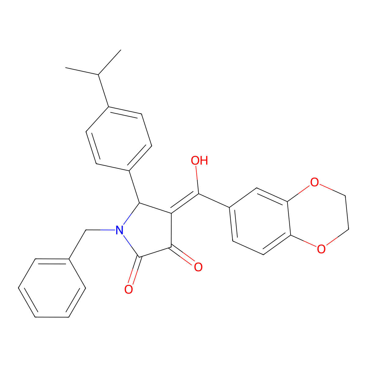 1-benzyl-4-(2,3-dihydro-1,4-benzodioxine-6-carbonyl)-3-hydroxy-5-[4-(propan-2-yl)phenyl]-2,5-dihydro-1H-pyrrol-2-one molecular structure, CAS 573693-52-4