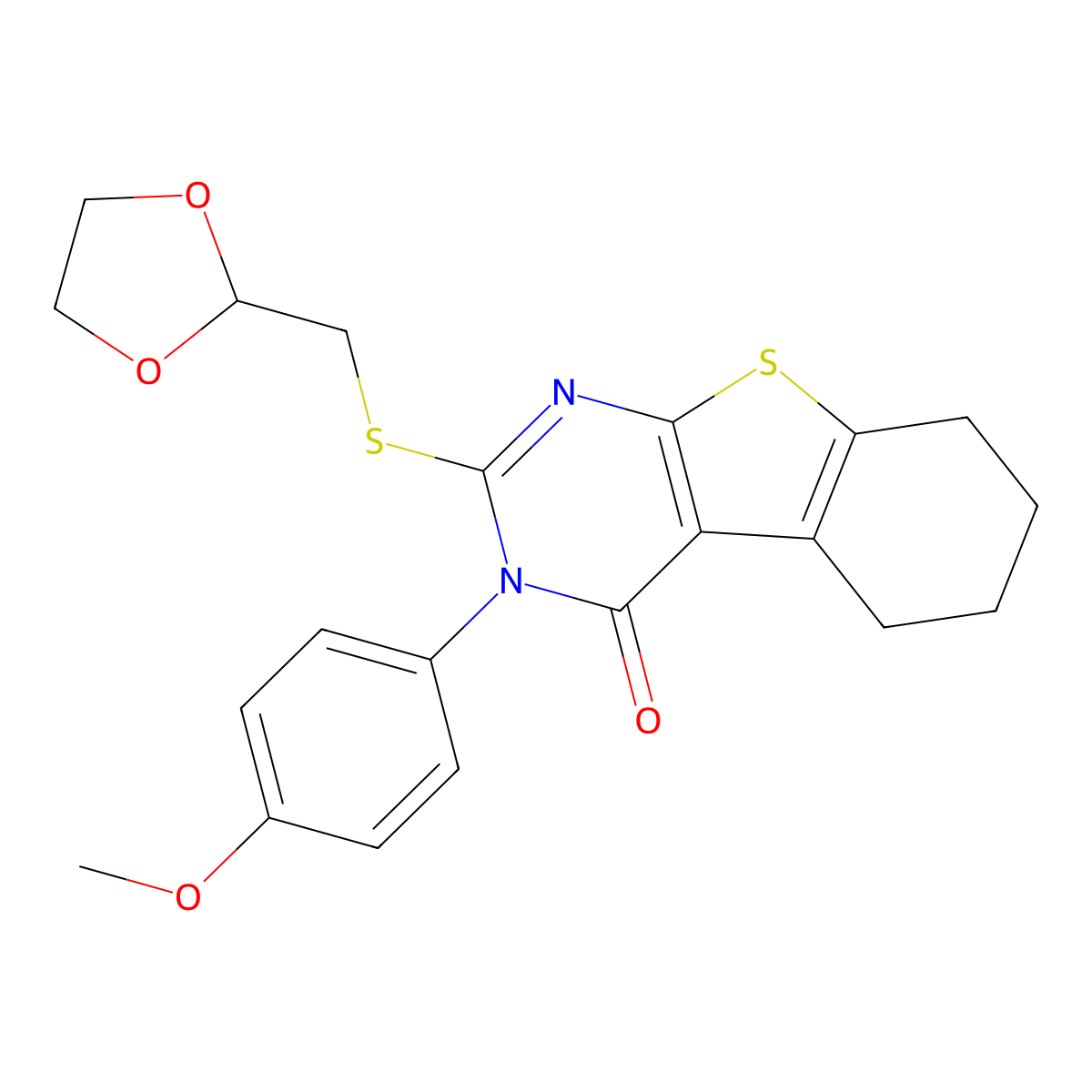 2-[(1,3-dioxolan-2-ylmethyl)sulfanyl]-3-(4-methoxyphenyl)-5,6,7,8-tetrahydro[1]benzothieno[2,3-d]pyrimidin-4(3H)-one molecular structure, CAS 573693-67-1