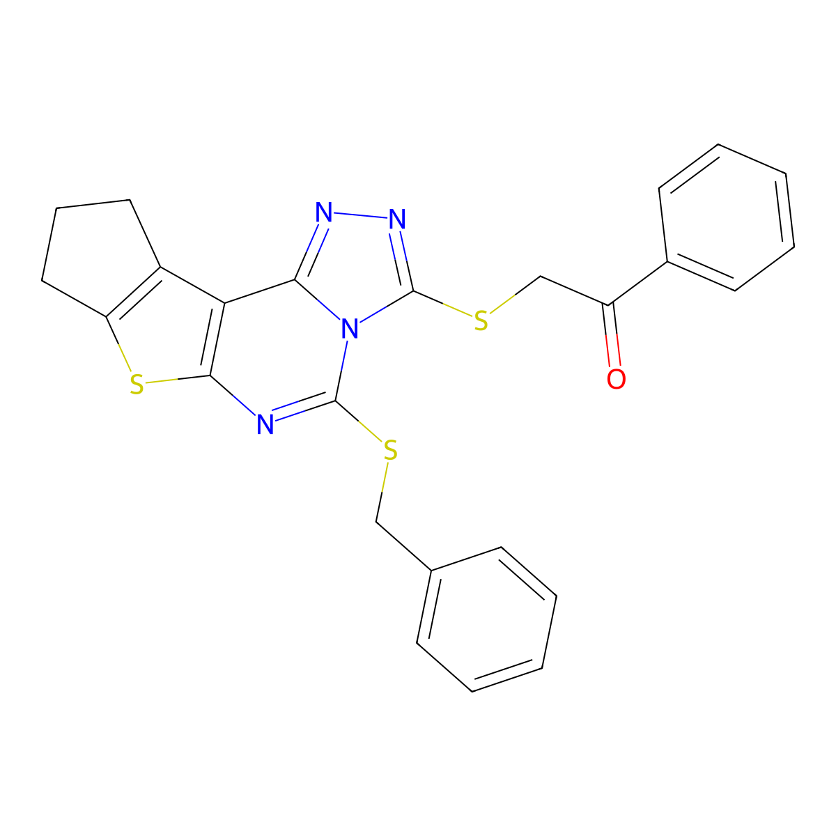 2-((5-(benzylthio)-9,10-dihydro-8H-cyclopenta[4,5]thieno[3,2-e][1,2,4]triazolo[4,3-c]pyrimidin-3-yl)thio)-1-phenylethanone molecular structure, CAS 573693-68-2