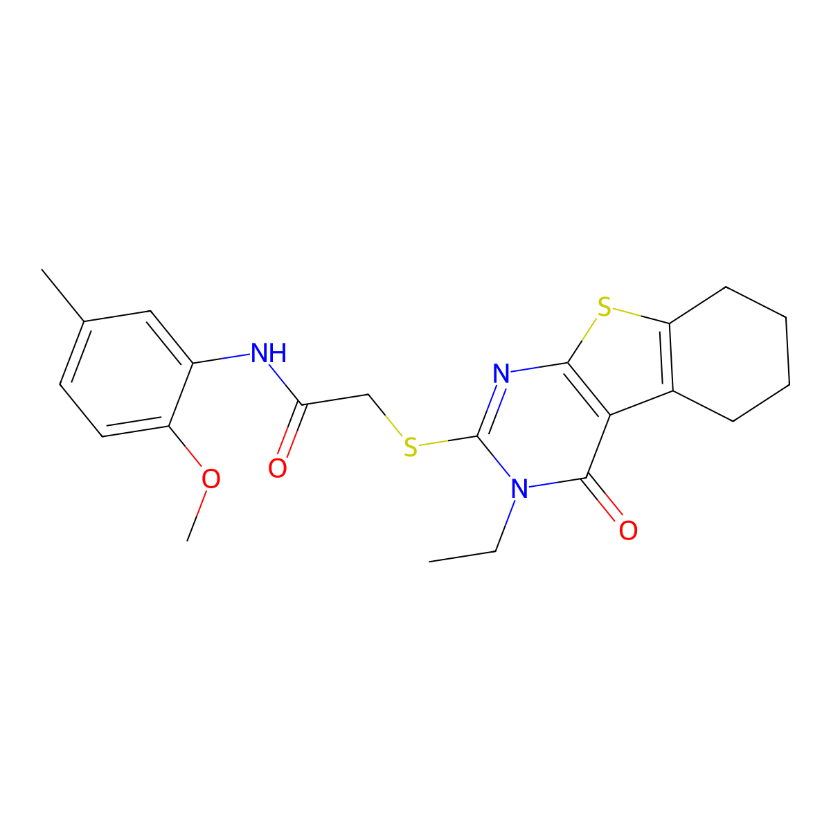 2-[(3-ethyl-4-oxo-3,4,5,6,7,8-hexahydro[1]benzothieno[2,3-d]pyrimidin-2-yl)sulfanyl]-N-(2-methoxy-5-methylphenyl)acetamide molecular structure, CAS 573693-88-6