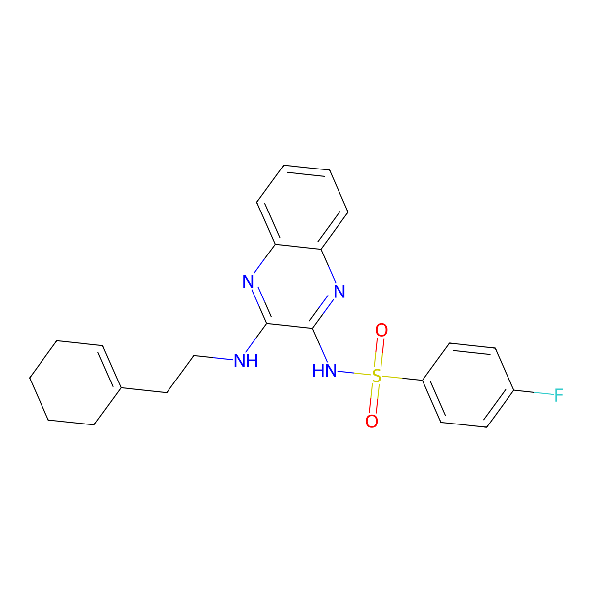 N-(3-((2-(cyclohex-1-en-1-yl)ethyl)amino)quinoxalin-2-yl)-4-fluorobenzenesulfonamide molecular structure, CAS 573693-94-4