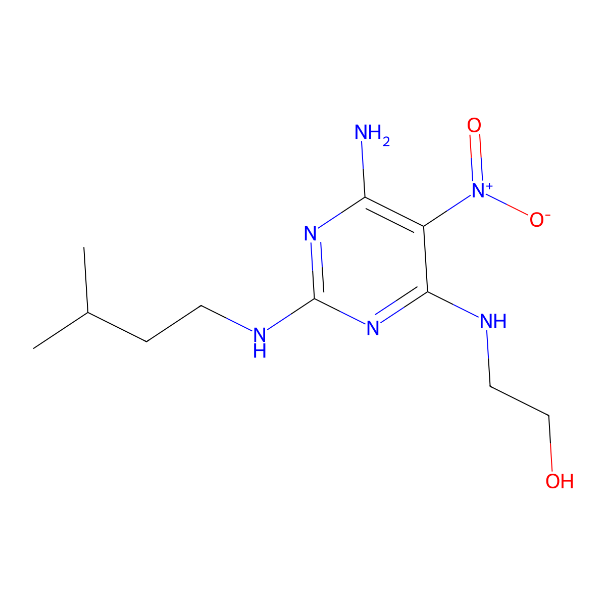 2-[[6-Amino-2-(3-methylbutylamino)-5-nitropyrimidin-4-yl]amino]ethanol molecular structure, CAS 573694-04-9
