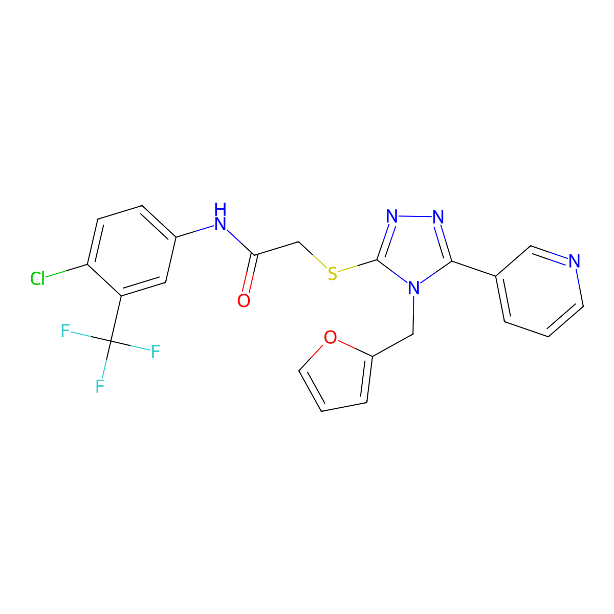N-[4-chloro-3-(trifluoromethyl)phenyl]-2-{[4-(furan-2-ylmethyl)-5-(pyridin-3-yl)-4H-1,2,4-triazol-3-yl]sulfanyl}acetamide molecular structure, CAS 573694-17-4