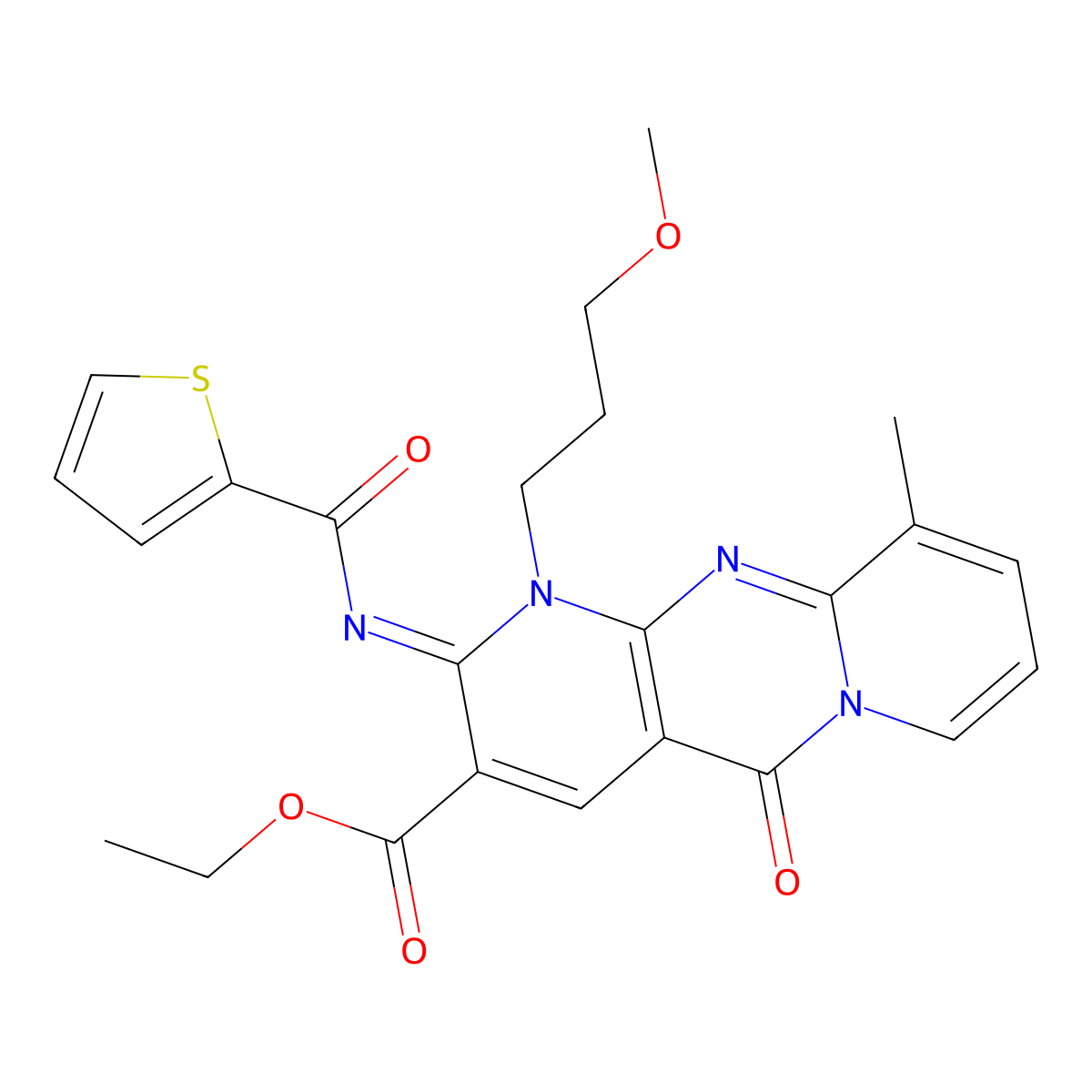 ethyl 1-(3-methoxypropyl)-10-methyl-5-oxo-2-[(2-thienylcarbonyl)imino]-1,5-dihydro-2H-dipyrido[1,2-a:2,3-d]pyrimidine-3-carboxylate molecular structure, CAS 573694-20-9
