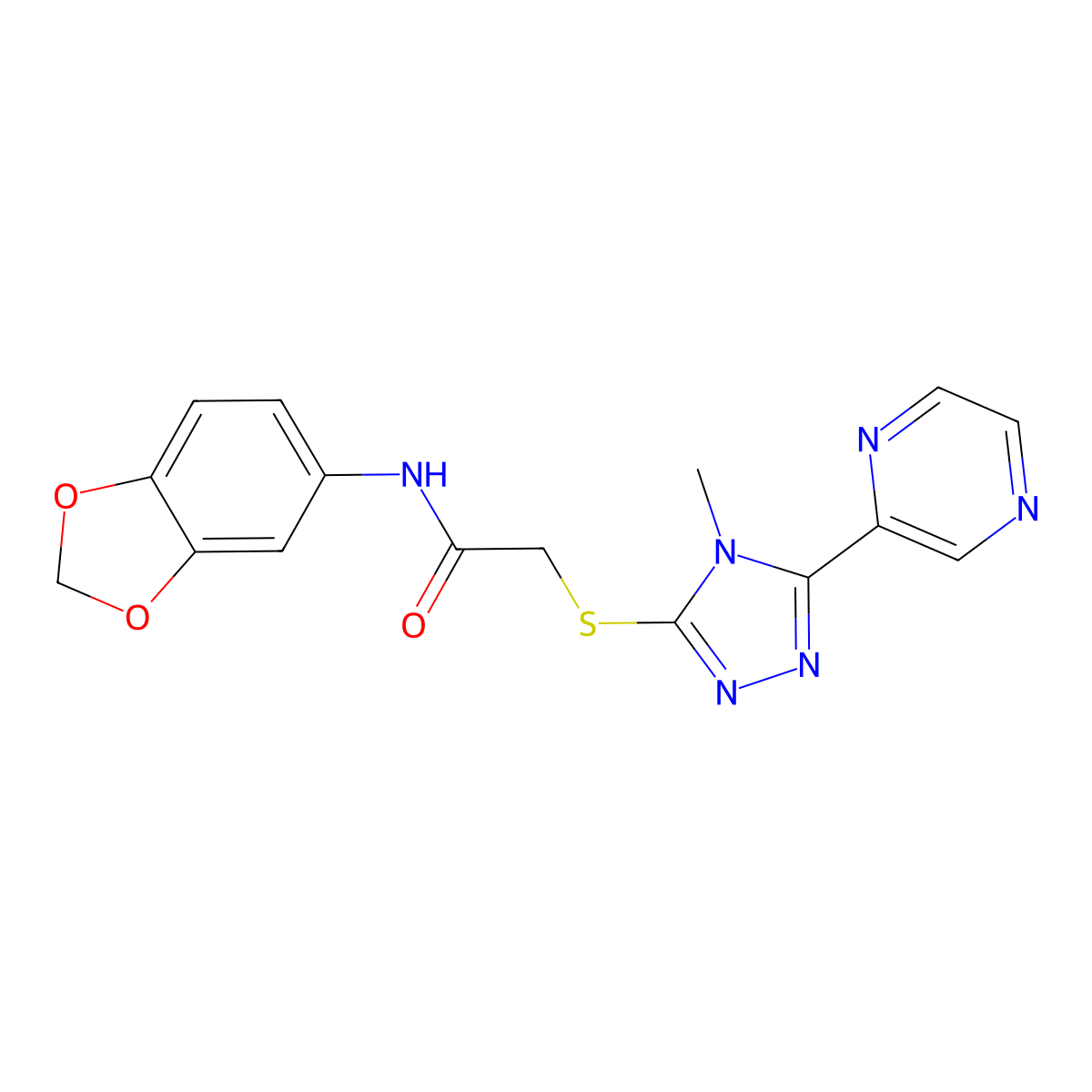 N-1,3-benzodioxol-5-yl-2-{[4-methyl-5-(2-pyrazinyl)-4H-1,2,4-triazol-3-yl]thio}acetamide molecular structure, CAS 573694-62-9