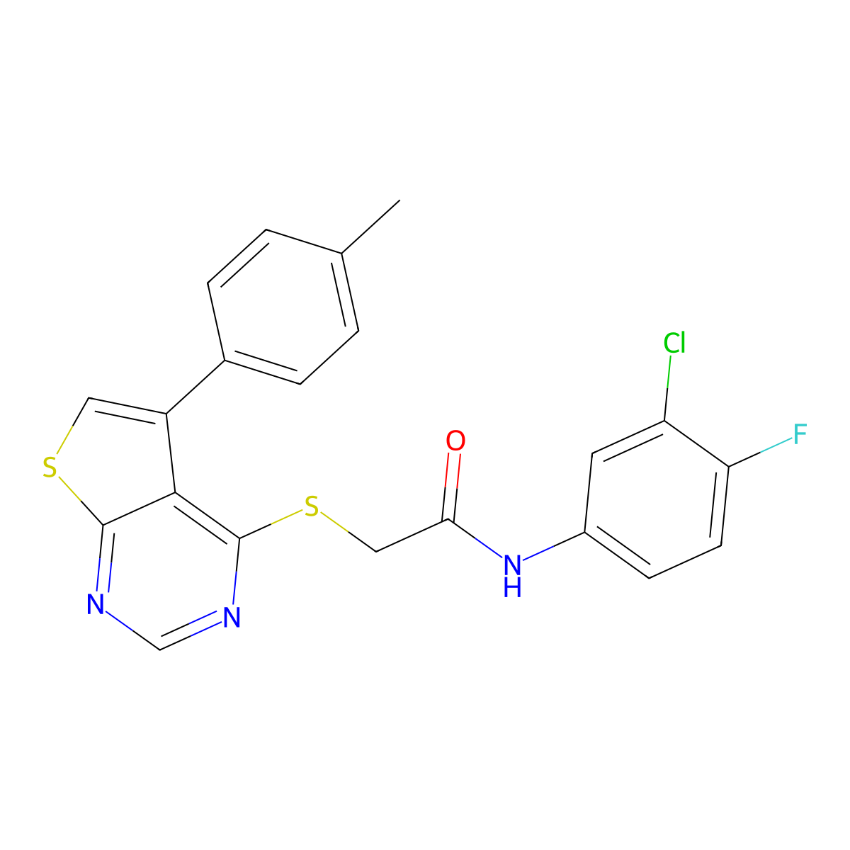 N-(3-chloro-4-fluorophenyl)-2-{[5-(4-methylphenyl)thieno[2,3-d]pyrimidin-4-yl]sulfanyl}acetamide molecular structure, CAS 573694-81-2