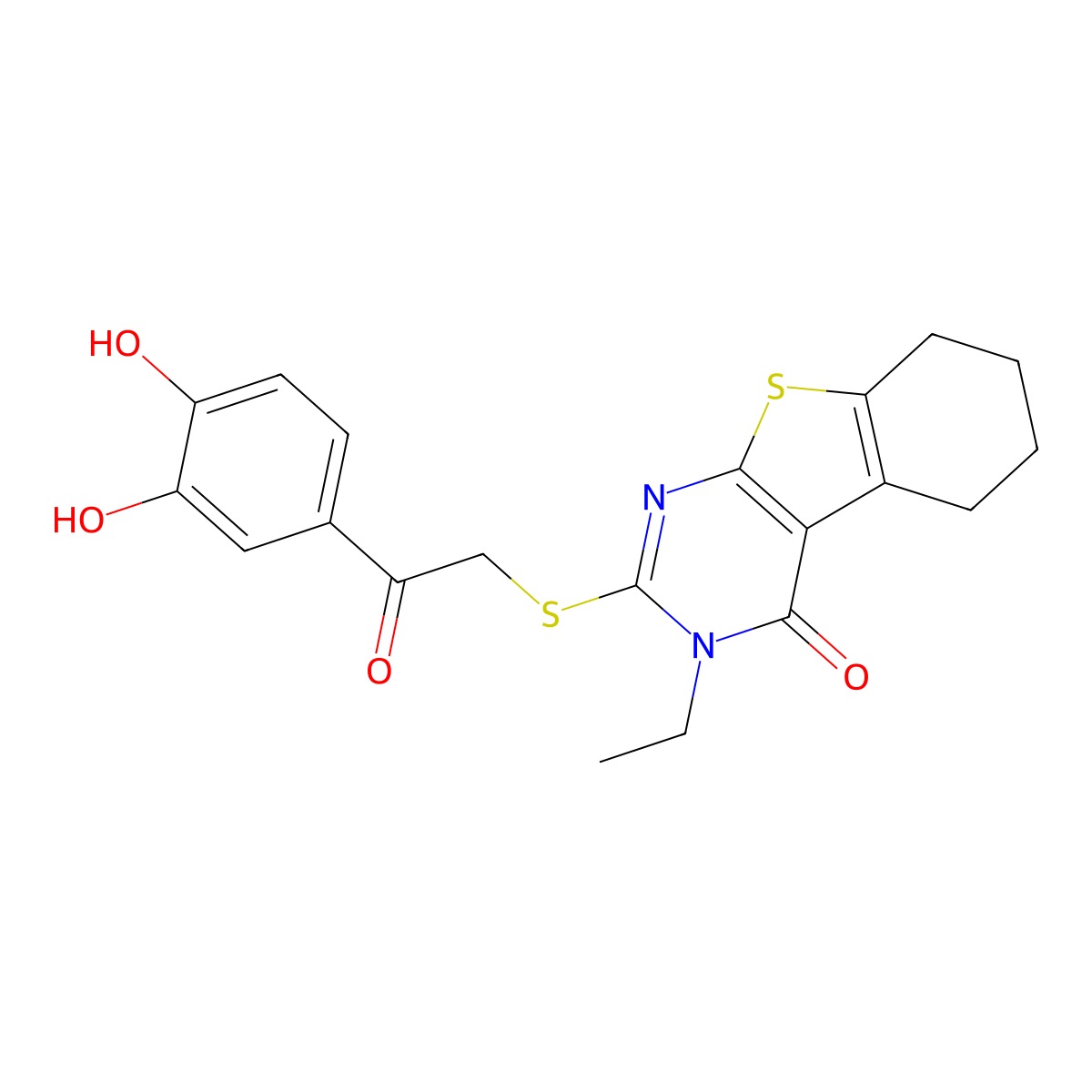 2-((2-(3,4-Dihydroxyphenyl)-2-oxoethyl)sulfanyl)-3-ethyl-5,6,7,8-tetrahydro(1)benzothieno(2,3-D)pyrimidin-4(3H)-one molecular structure, CAS 573694-85-6