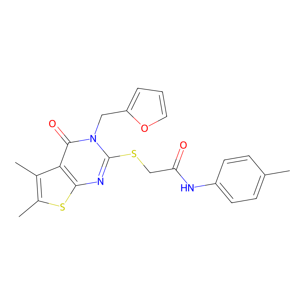 2-{[3-(furan-2-ylmethyl)-5,6-dimethyl-4-oxo-3,4-dihydrothieno[2,3-d]pyrimidin-2-yl]sulfanyl}-N-(4-methylphenyl)acetamide molecular structure, CAS 573694-91-4