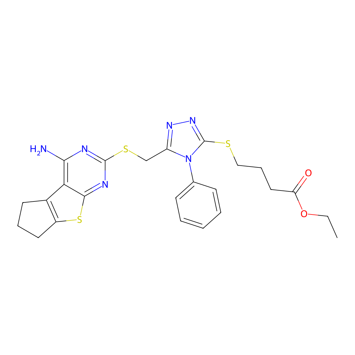 ethyl 4-((5-(((4-amino-6,7-dihydro-5H-cyclopenta[4,5]thieno[2,3-d]pyrimidin-2-yl)thio)methyl)-4-phenyl-4H-1,2,4-triazol-3-yl)thio)butanoate molecular structure, CAS 573695-10-0