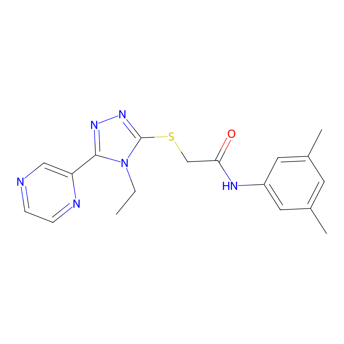 N-(3,5-Dimethylphenyl)-2-((4-ethyl-5-(2-pyrazinyl)-4H-1,2,4-triazol-3-YL)sulfanyl)acetamide molecular structure, CAS 573695-32-6