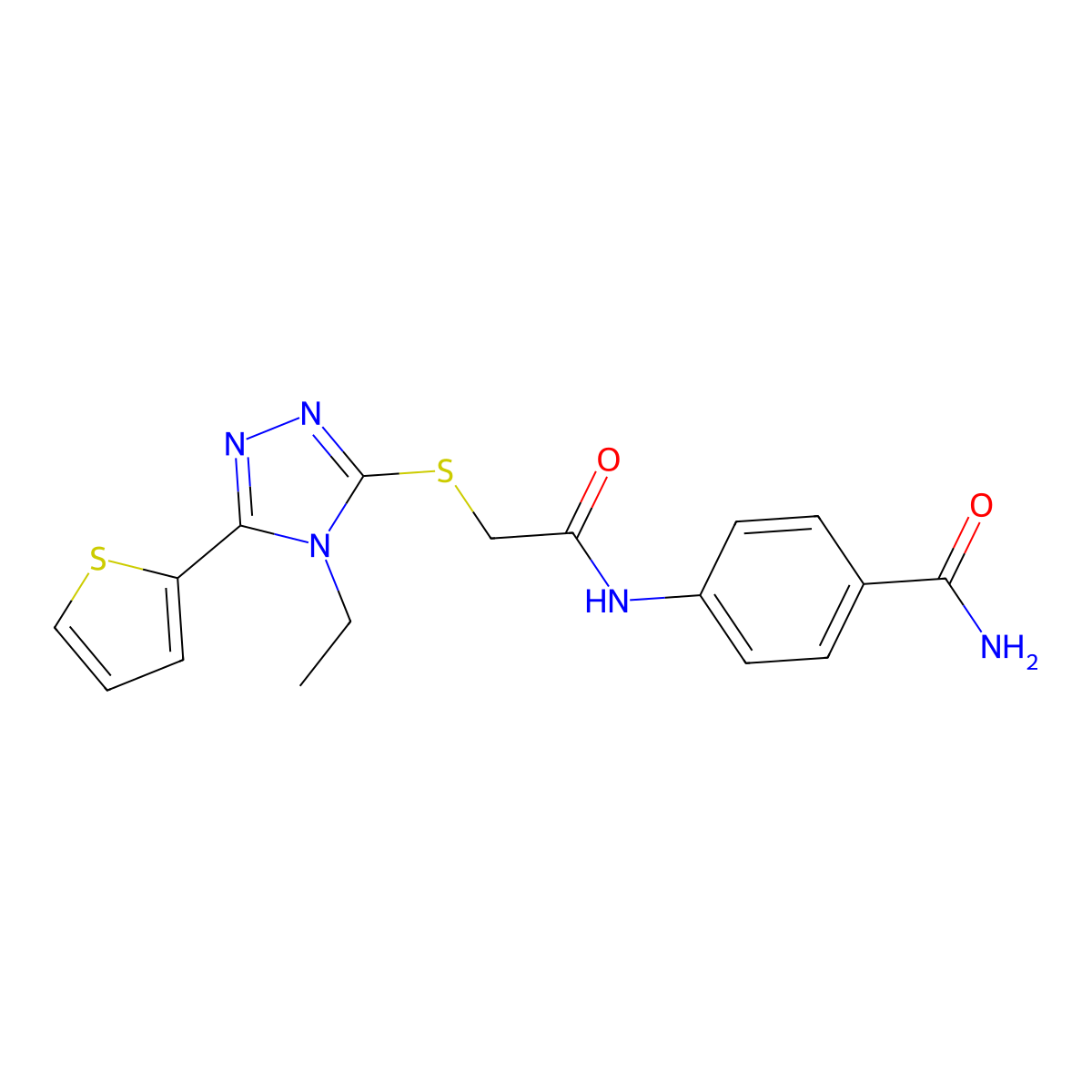 4-((((4-Ethyl-5-(2-thienyl)-4H-1,2,4-triazol-3-YL)thio)acetyl)amino)benzamide molecular structure, CAS 573695-37-1