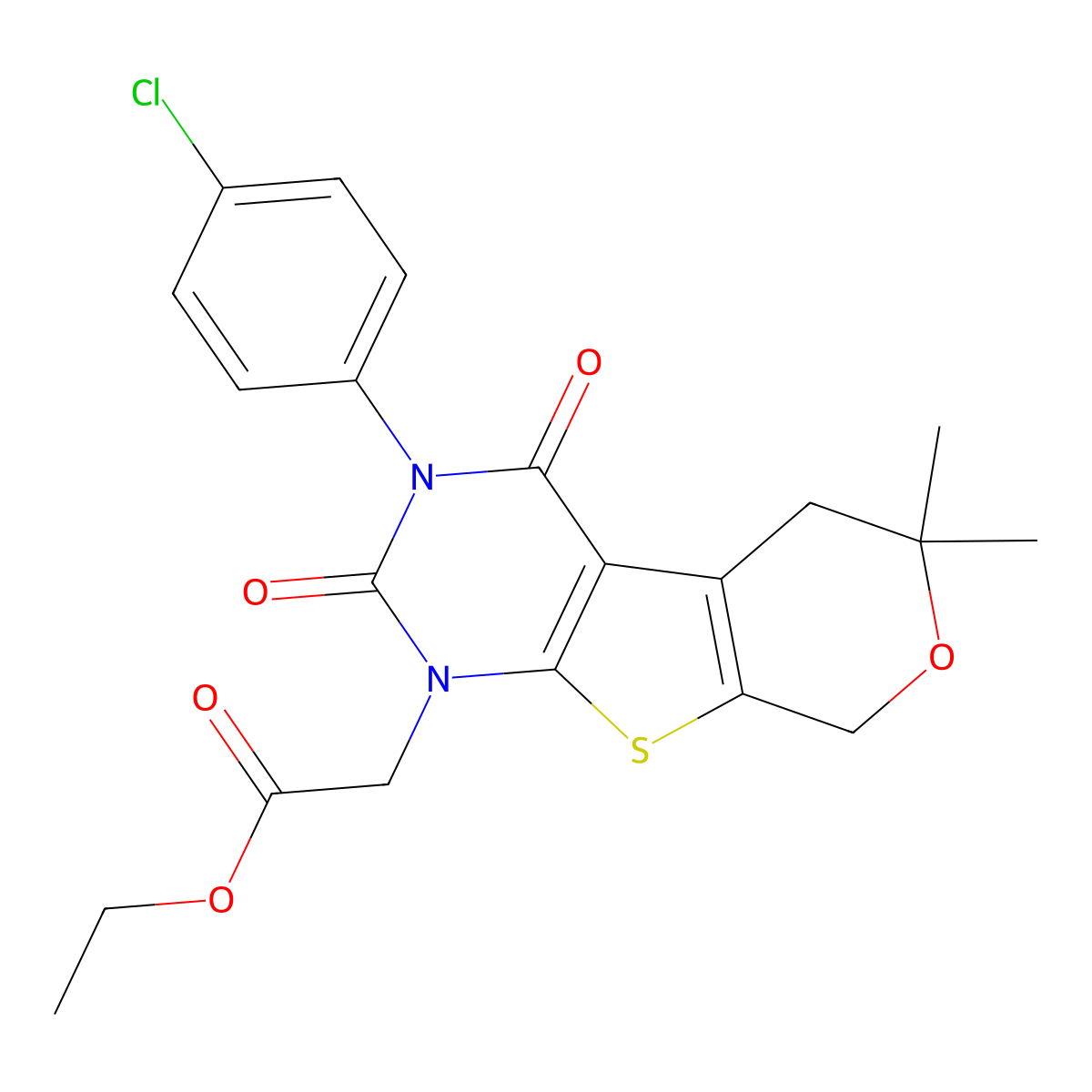 Ethyl 2-[3-(4-chlorophenyl)-6,6-dimethyl-2,4-dioxo-5,8-dihydropyrano[2,3]thieno[2,4-b]pyrimidin-1-yl]acetate molecular structure, CAS 573695-48-4