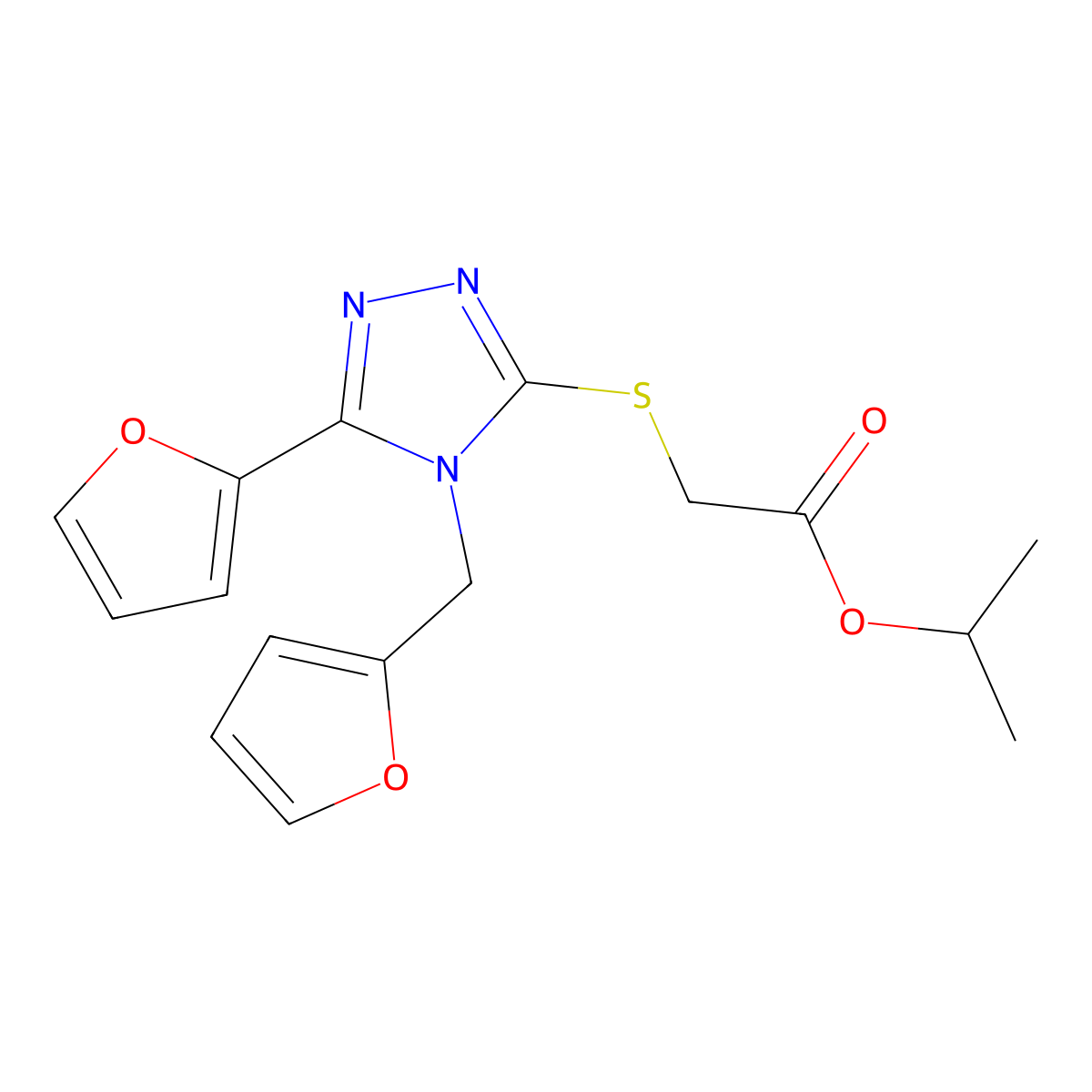 Methylethyl 2-[5-(2-furyl)-4-(2-furylmethyl)-1,2,4-triazol-3-ylthio]acetate molecular structure, CAS 573695-78-0