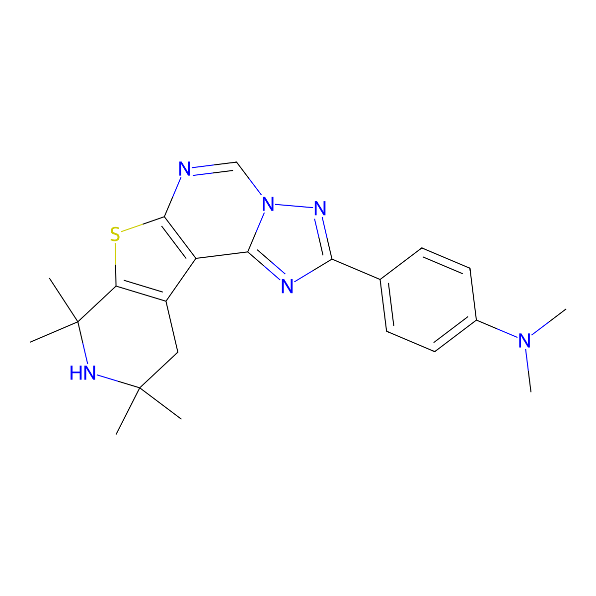 N,N-dimethyl-4-(8,8,10,10-tetramethyl-8,9,10,11-tetrahydropyrido[4',3':4,5]thieno[3,2-e][1,2,4]triazolo[1,5-c]pyrimidin-2-yl)aniline molecular structure, CAS 573696-27-2