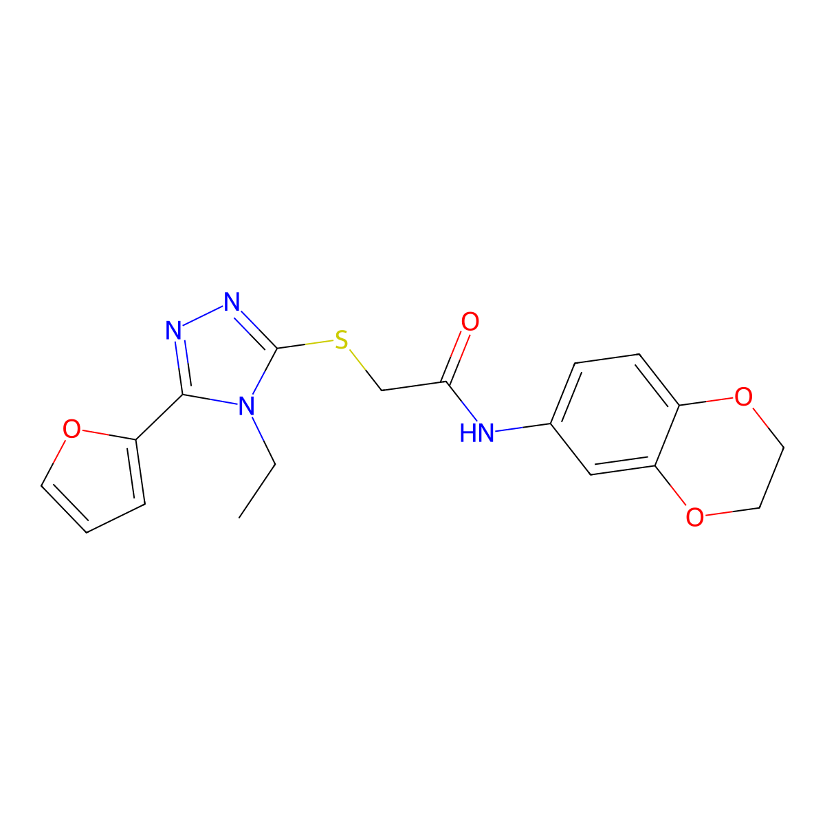 N-(2,3-Dihydro-1,4-benzodioxin-6-YL)-2-((4-ethyl-5-(2-furyl)-4H-1,2,4-triazol-3-YL)sulfanyl)acetamide molecular structure, CAS 573696-56-7