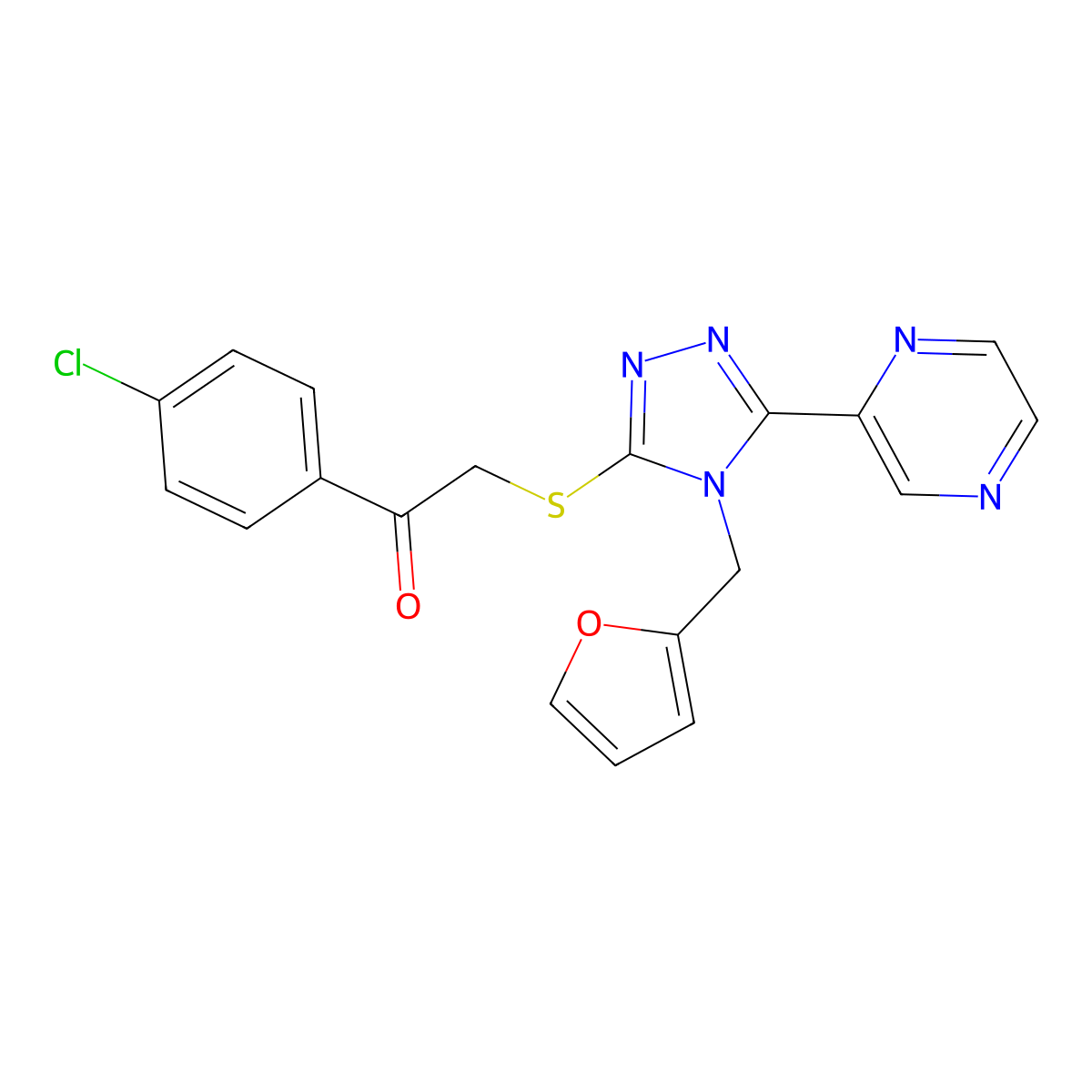1-(4-chlorophenyl)-2-{[4-(furan-2-ylmethyl)-5-(pyrazin-2-yl)-4H-1,2,4-triazol-3-yl]sulfanyl}ethanone molecular structure, CAS 573696-89-6
