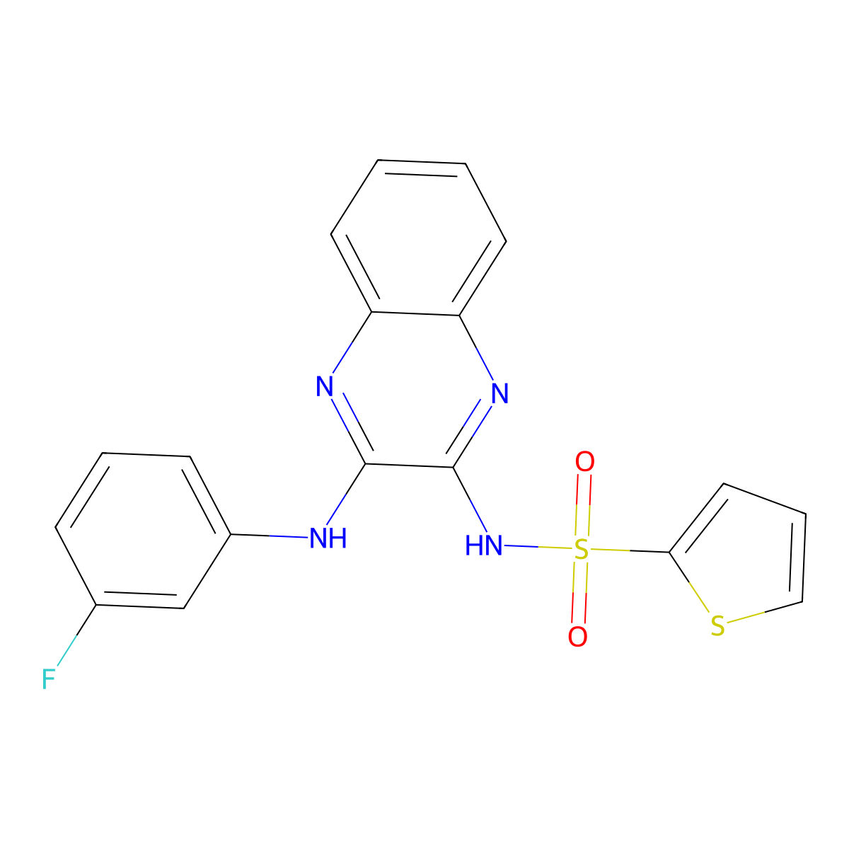 N-(3-((3-fluorophenyl)amino)quinoxalin-2-yl)thiophene-2-sulfonamide molecular structure, CAS 573696-93-2