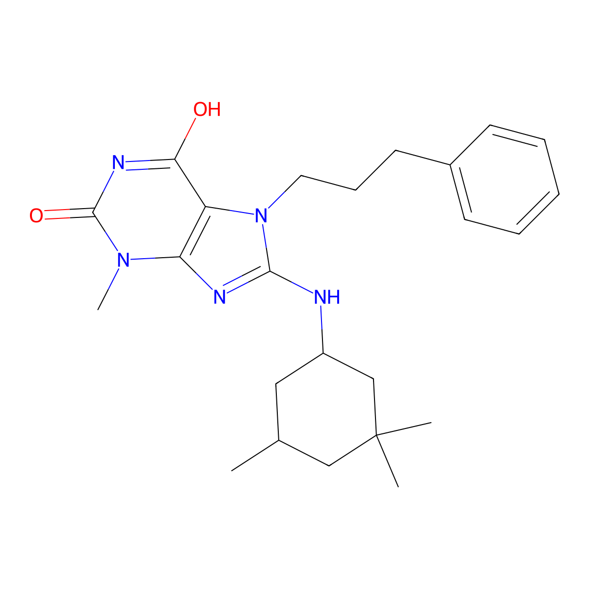 3-methyl-7-(3-phenylpropyl)-8-((3,3,5-trimethylcyclohexyl)amino)-1H-purine-2,6(3H,7H)-dione molecular structure, CAS 573697-43-5