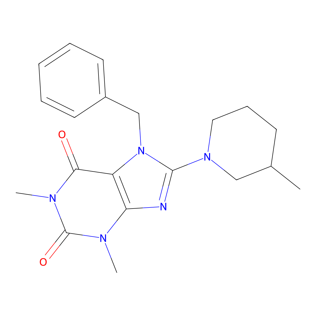 7-Benzyl-1,3-dimethyl-8-(3-methyl-piperidin-1-yl)-3,7-dihydro-purine-2,6-dione molecular structure, CAS 573697-62-8
