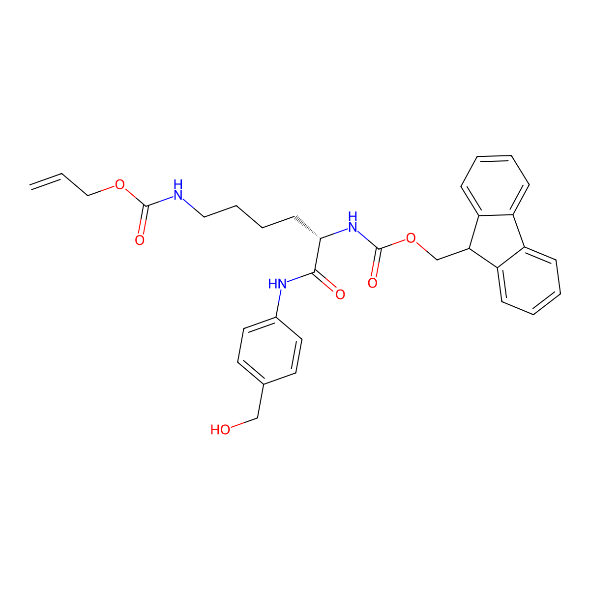 (S)-(9H-Fluoren-9-YL)methyl allyl (6-((4-(hydroxymethyl)phenyl)amino)-6-oxohexane-1,5-diyl)dicarbamate molecular structure, CAS 573698-75-6