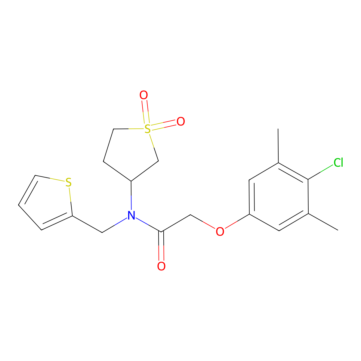 2-(4-chloro-3,5-dimethylphenoxy)-N-(1,1-dioxidotetrahydrothiophen-3-yl)-N-(thiophen-2-ylmethyl)acetamide molecular structure, CAS 573705-25-6