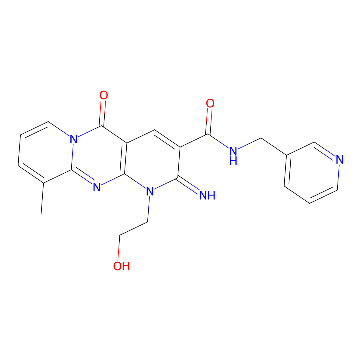 1-(2-hydroxyethyl)-2-imino-10-methyl-5-oxo-N-(pyridin-3-ylmethyl)-2,5-dihydro-1H-dipyrido[1,2-a:2',3'-d]pyrimidine-3-carboxamide molecular structure, CAS 573705-39-2