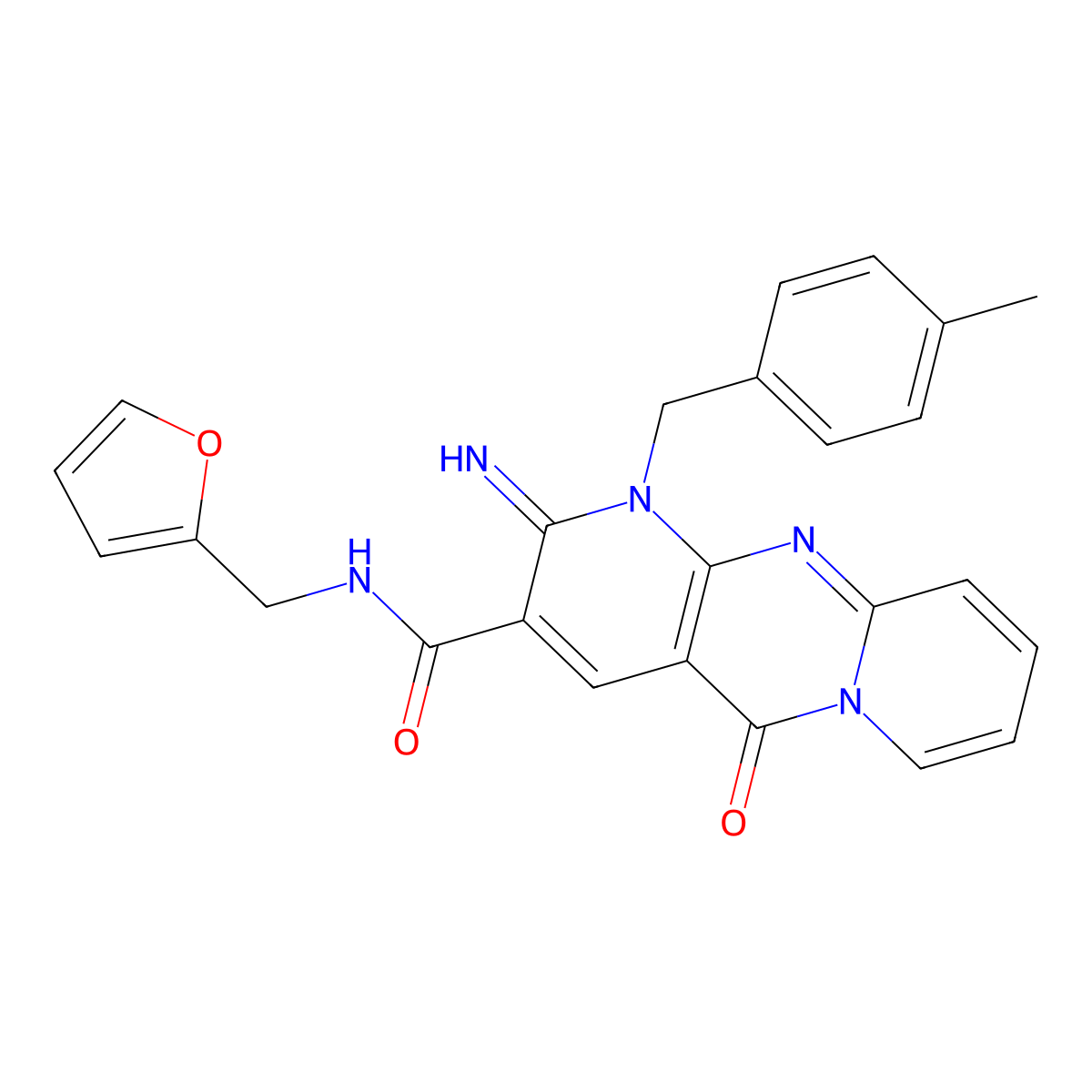 2-Imino-1-(4-methyl-benzyl)-10-oxo-1,10-dihydro-2H-1,9,10a-triaza-anthracene-3-carboxylic acid (furan-2-ylmethyl)-amide molecular structure, CAS 573705-70-1
