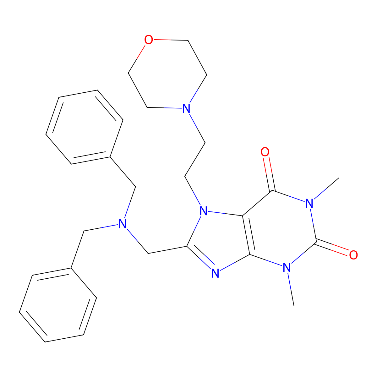 8-((dibenzylamino)methyl)-1,3-dimethyl-7-(2-morpholinoethyl)-1H-purine-2,6(3H,7H)-dione molecular structure, CAS 573705-74-5