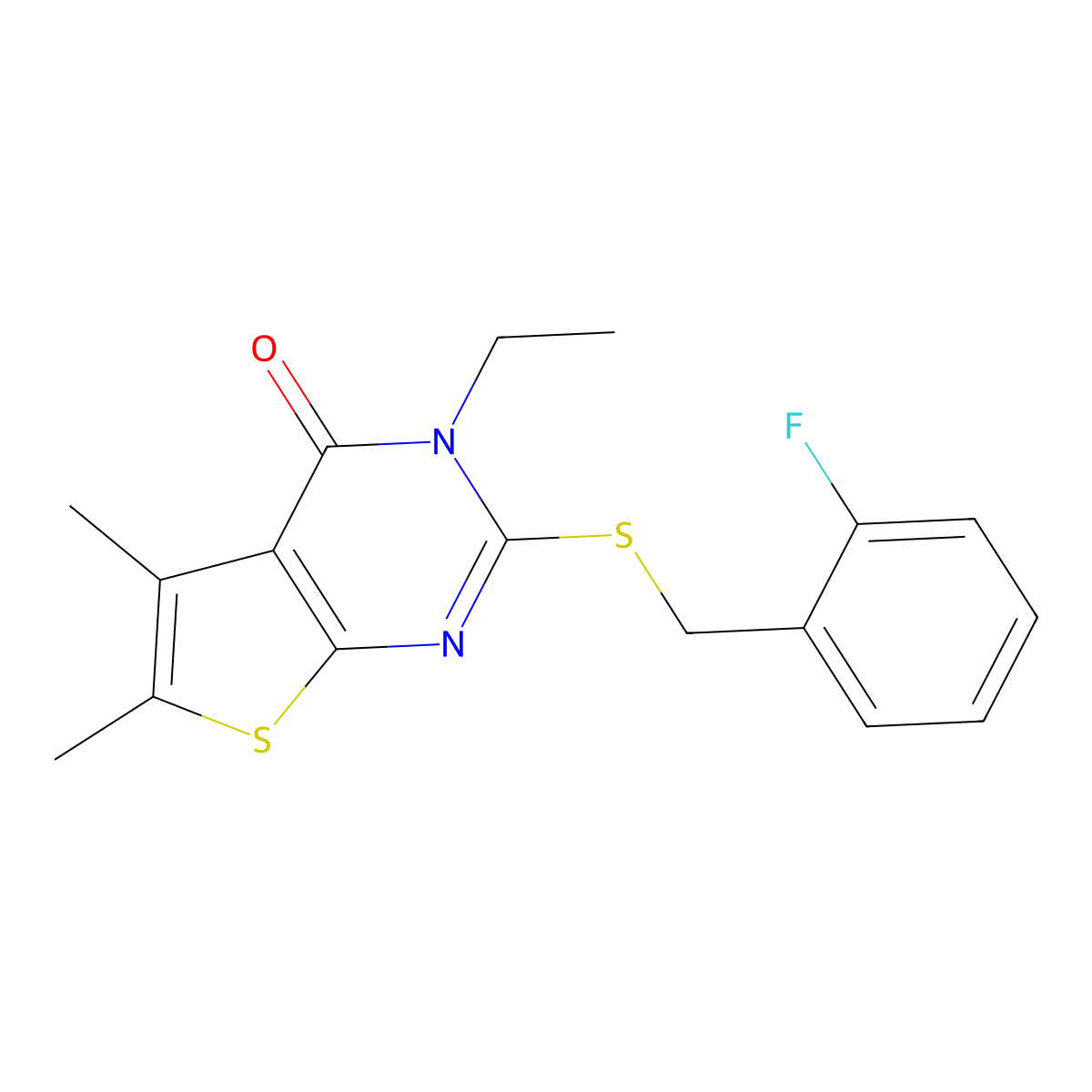 3-Ethyl-2-((2-fluorobenzyl)thio)-5,6-dimethylthieno(2,3-D)pyrimidin-4(3H)-one molecular structure, CAS 573706-13-5