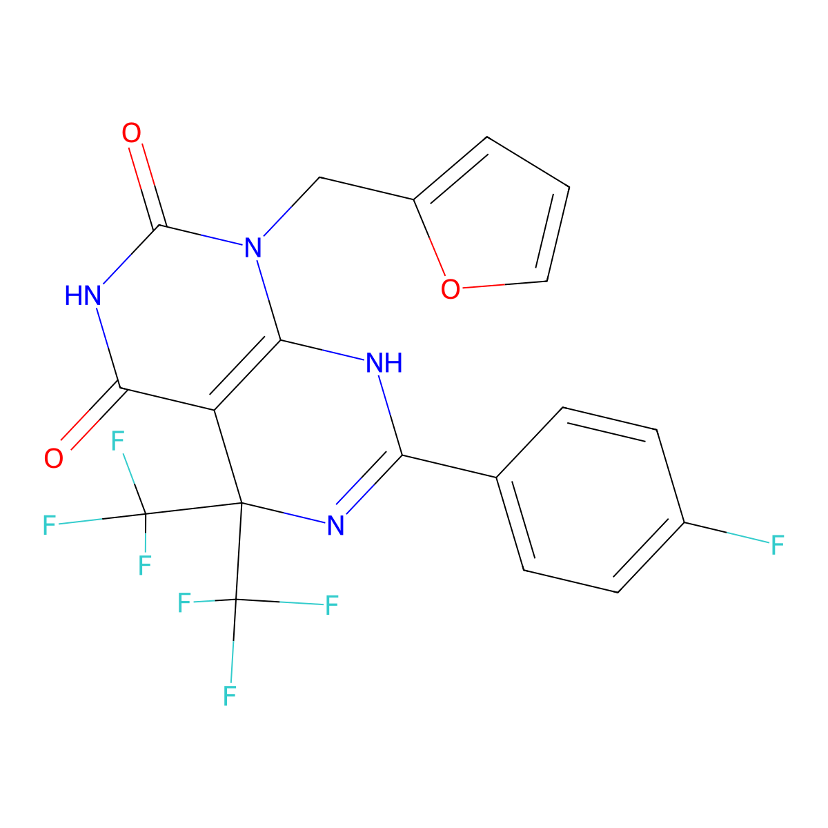 7-(4-fluorophenyl)-1-(2-furylmethyl)-5,5-bis(trifluoromethyl)-5,8-dihydropyrimido[4,5-d]pyrimidine-2,4(1H,3H)-dione molecular structure, CAS 573706-25-9