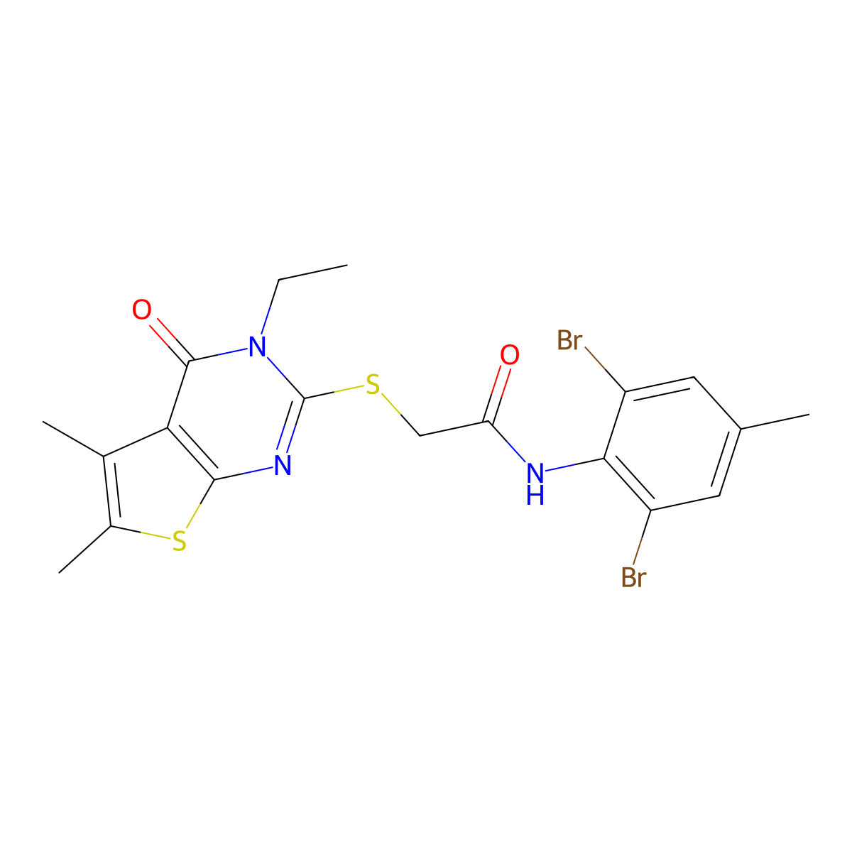 N-(2,6-Dibromo-4-methylphenyl)-2-((3-ethyl-5,6-dimethyl-4-oxo-3,4-dihydrothieno(2,3-D)pyrimidin-2-YL)sulfanyl)acetamide molecular structure, CAS 573706-62-4