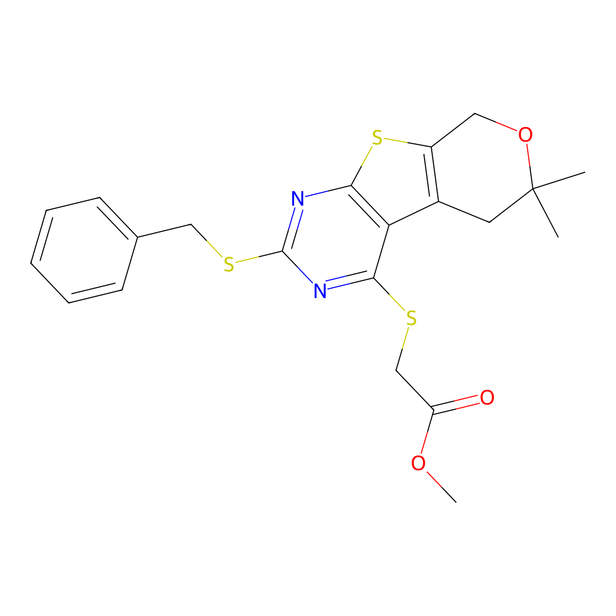Methyl 2-[(2-benzylsulfanyl-6,6-dimethyl-5,8-dihydropyrano[2,3]thieno[2,4-b]pyrimidin-4-yl)sulfanyl]acetate molecular structure, CAS 573706-71-5