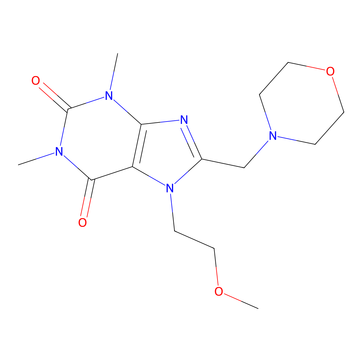 7-(2-methoxyethyl)-1,3-dimethyl-8-(morpholin-4-ylmethyl)-3,7-dihydro-1H-purine-2,6-dione molecular structure, CAS 573707-05-8