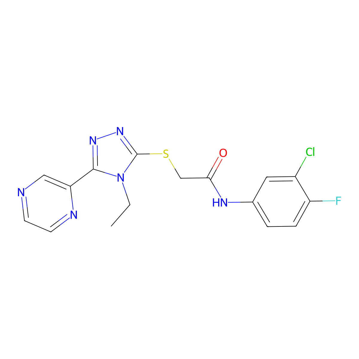 N-(3-CL-4-F-PH)-2-((4-Ethyl-5-(2-pyrazinyl)-4H-1,2,4-triazol-3-YL)thio)acetamide molecular structure, CAS 573707-56-9