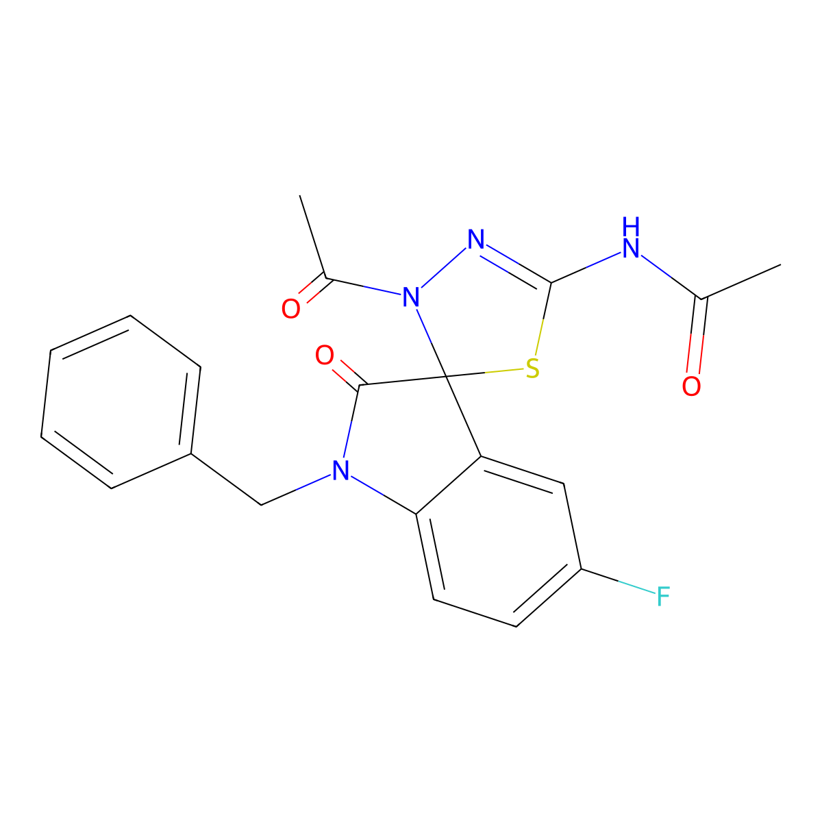 N-(4-acetyl-1'-benzyl-5'-fluoro-2'-oxospiro[1,3,4-thiadiazole-5,3'-indole]-2-yl)acetamide molecular structure, CAS 573707-71-8