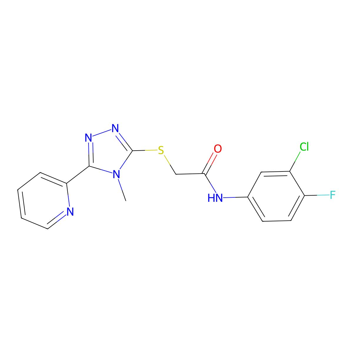 N-(3-chloro-4-fluorophenyl)-2-{[4-methyl-5-(pyridin-2-yl)-4H-1,2,4-triazol-3-yl]sulfanyl}acetamide molecular structure, CAS 573708-18-6