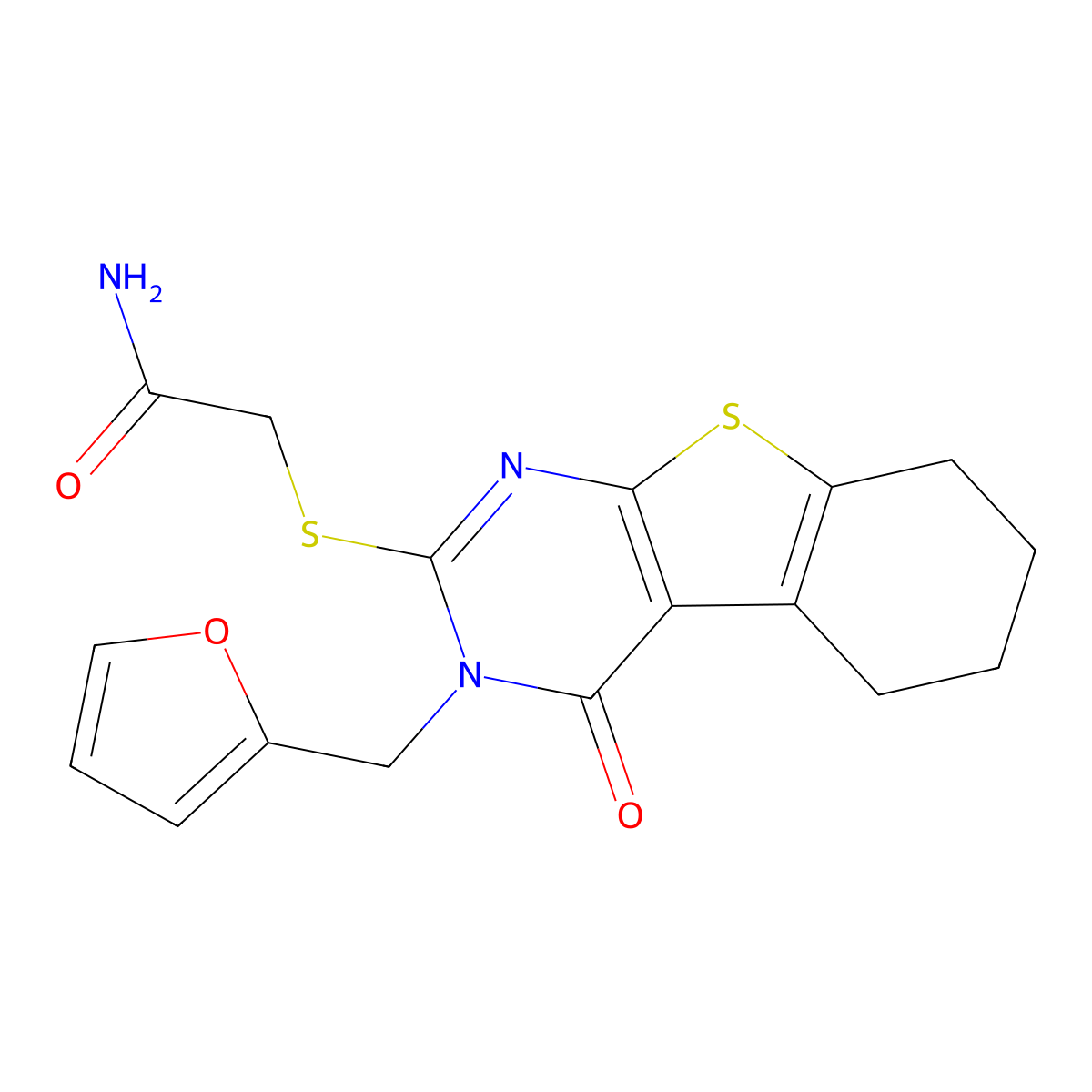 2-{[3-(Furan-2-ylmethyl)-4-oxo-3,4,5,6,7,8-hexahydro[1]benzothieno[2,3-d]pyrimidin-2-yl]sulfanyl}acetamide molecular structure, CAS 573708-56-2