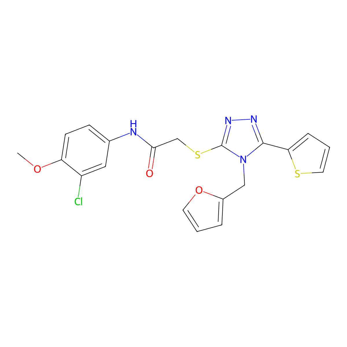 N-(3-chloro-4-methoxyphenyl)-2-{[4-(furan-2-ylmethyl)-5-(thiophen-2-yl)-4H-1,2,4-triazol-3-yl]sulfanyl}acetamide molecular structure, CAS 573708-70-0