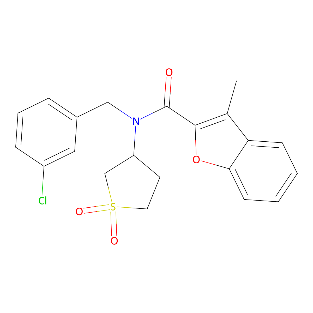 N-(3-chlorobenzyl)-N-(1,1-dioxidotetrahydrothiophen-3-yl)-3-methylbenzofuran-2-carboxamide molecular structure, CAS 573708-84-6