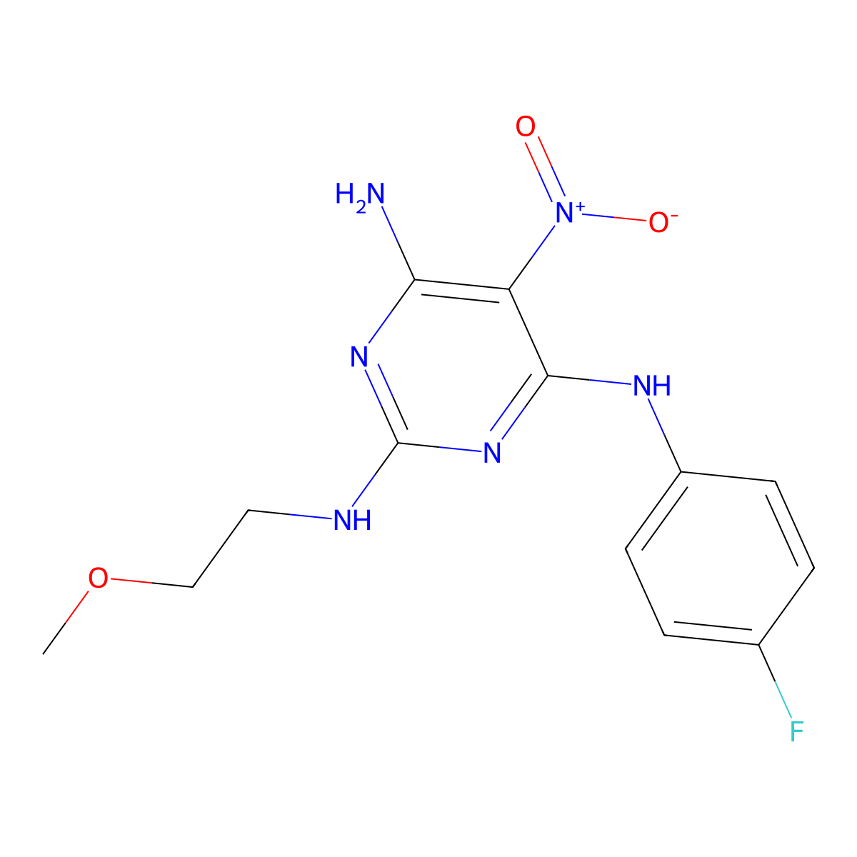 4-N-(4-fluorophenyl)-2-N-(2-methoxyethyl)-5-nitropyrimidine-2,4,6-triamine molecular structure, CAS 573709-17-8