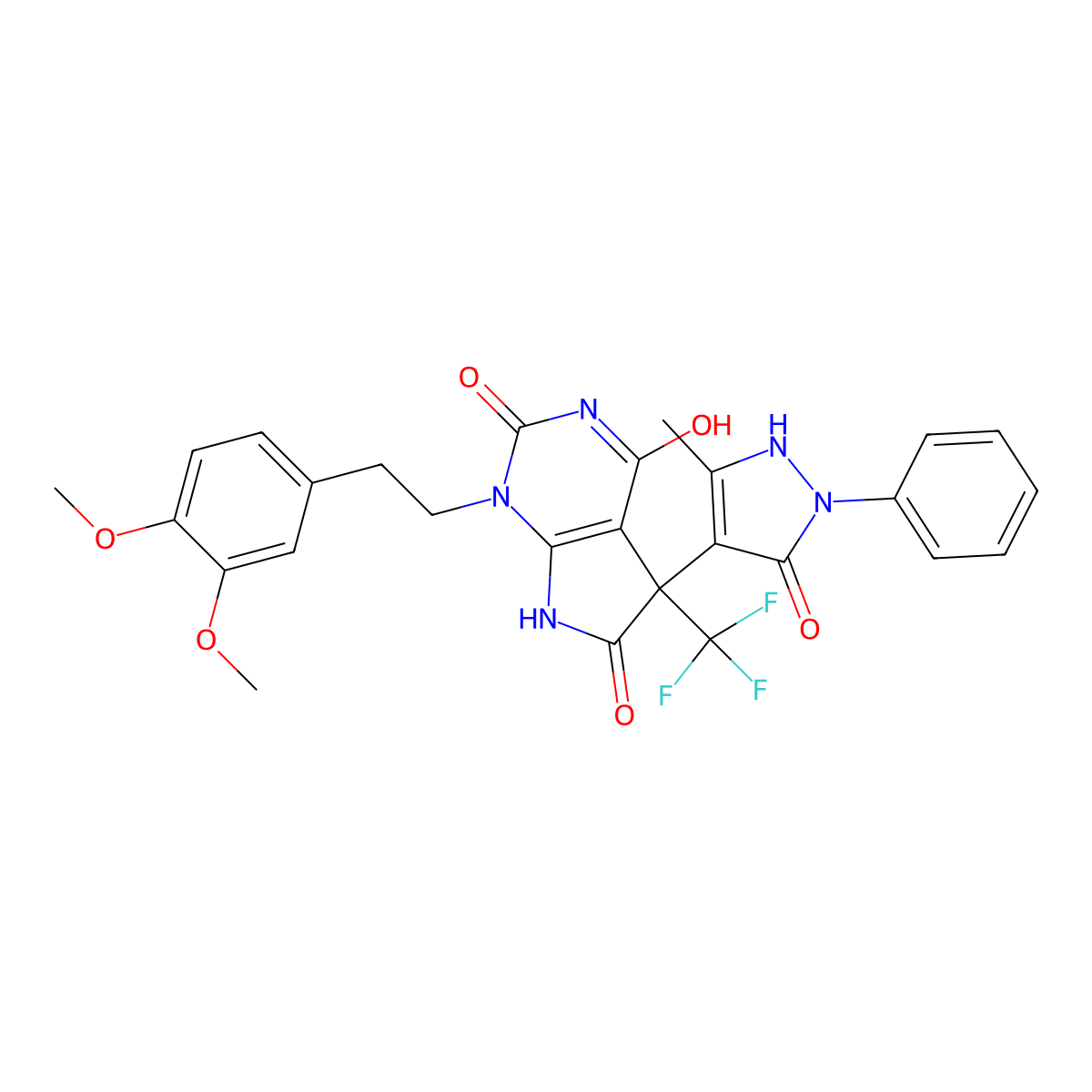 1-[2-(3,4-dimethoxyphenyl)ethyl]-5-(5-methyl-3-oxo-2-phenyl-1H-pyrazol-4-yl)-5-(trifluoromethyl)-7H-pyrrolo[2,3-d]pyrimidine-2,4,6-trione molecular structure, CAS 573709-42-9