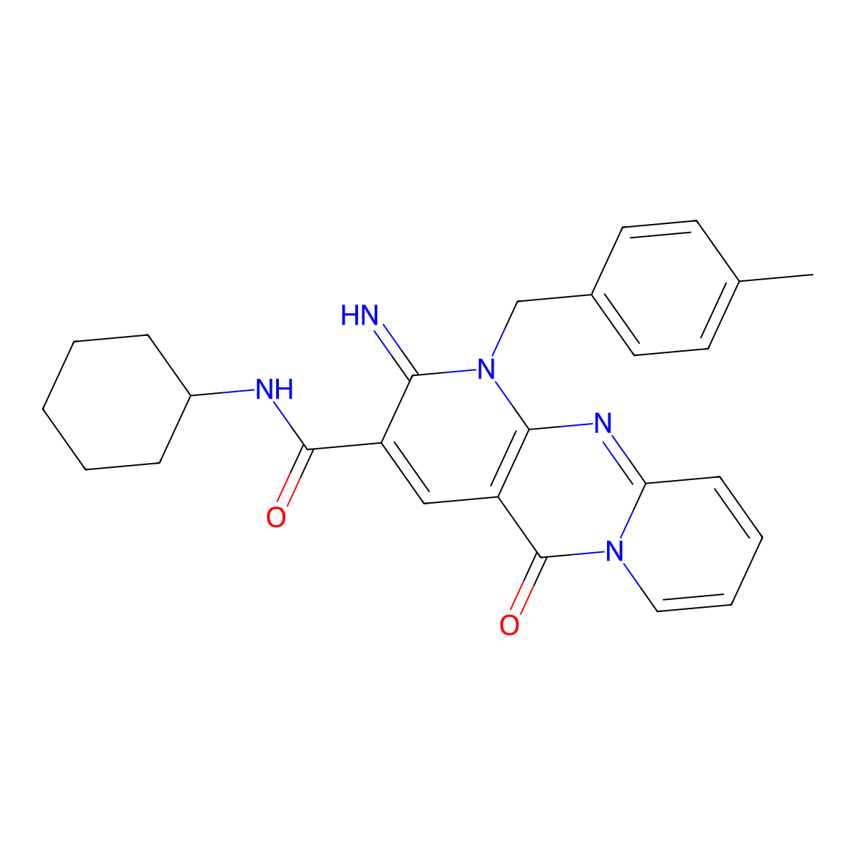 N-cyclohexyl-6-imino-7-[(4-methylphenyl)methyl]-2-oxo-1,7,9-triazatricyclo[8.4.0.0^{3,8}]tetradeca-3(8),4,9,11,13-pentaene-5-carboxamide molecular structure, CAS 573709-60-1