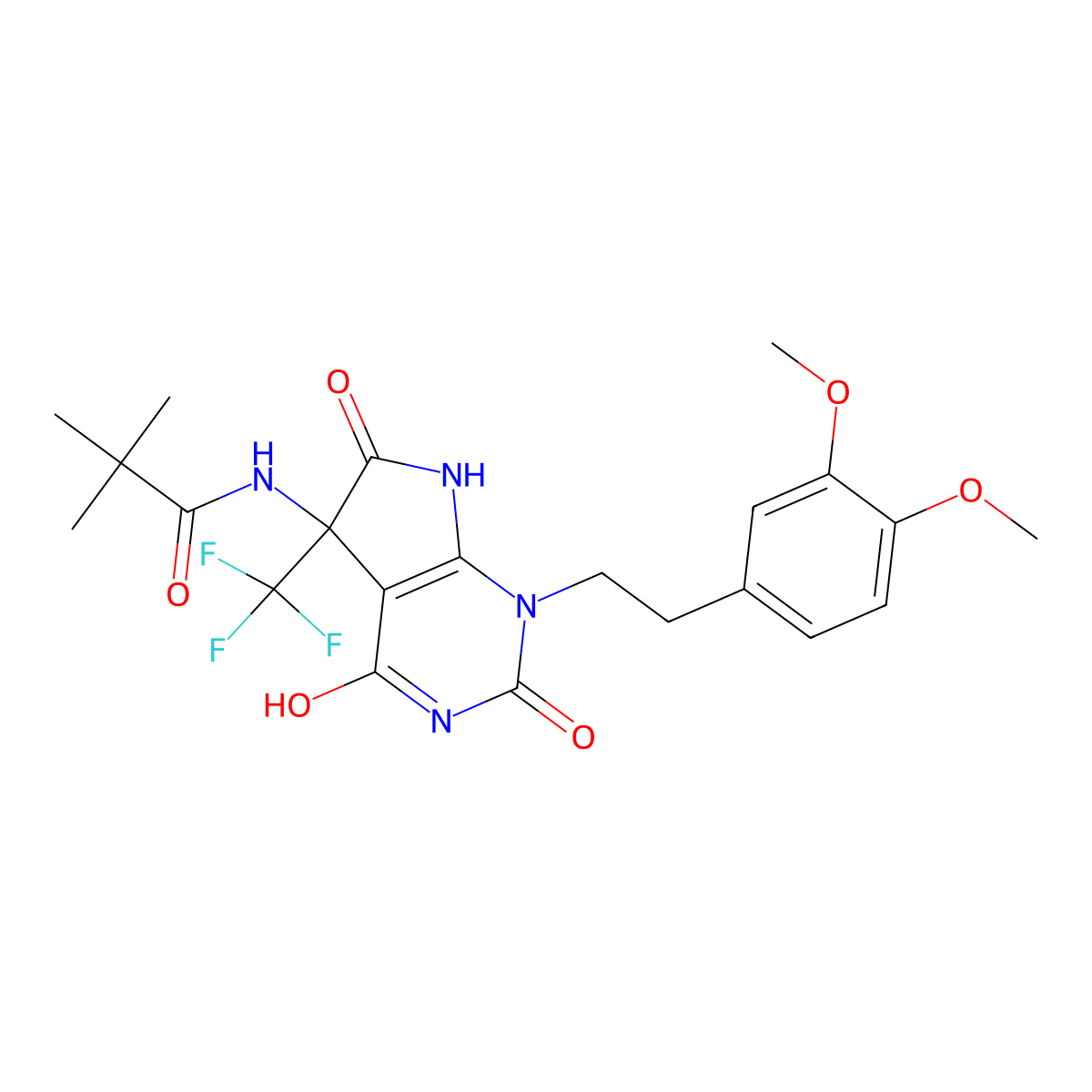N-[1-[2-(3,4-dimethoxyphenyl)ethyl]-2,4,6-trioxo-5-(trifluoromethyl)-7H-pyrrolo[2,3-d]pyrimidin-5-yl]-2,2-dimethylpropanamide molecular structure, CAS 573709-69-0