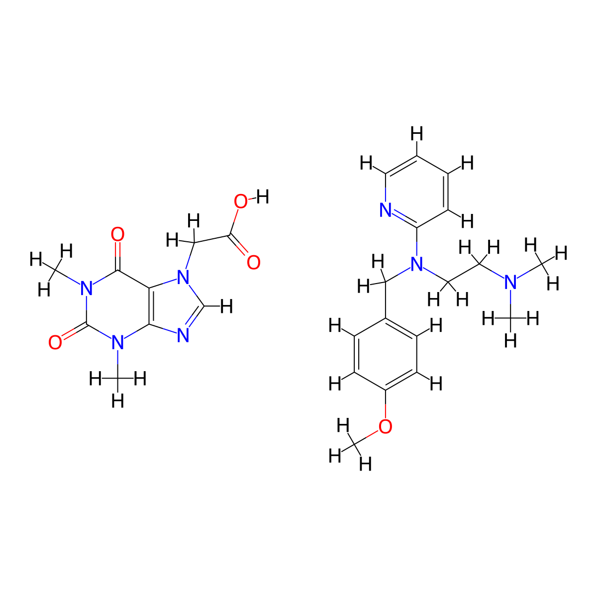 7H-Purine-7-acetic acid, 1,2,3,6-tetrahydro-1,3-dimethyl-2,6-dioxo-, compd. with N1-((4-methoxyphenyl)methyl)-N2,N2-dimethyl-N1-2-pyridinyl-1,2-ethanediamine (1:1) molecular structure, CAS 57383-74-1