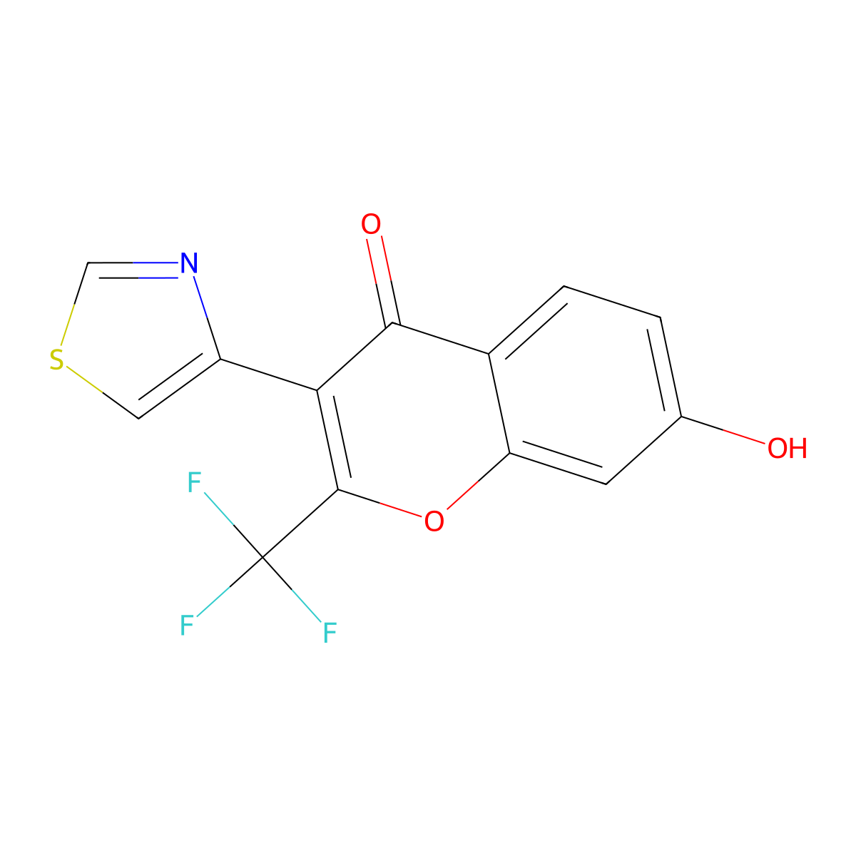4H-1-Benzopyran-4-one, 7-hydroxy-3-(4-thiazolyl)-2-(trifluoromethyl)- molecular structure, CAS 57390-76-8